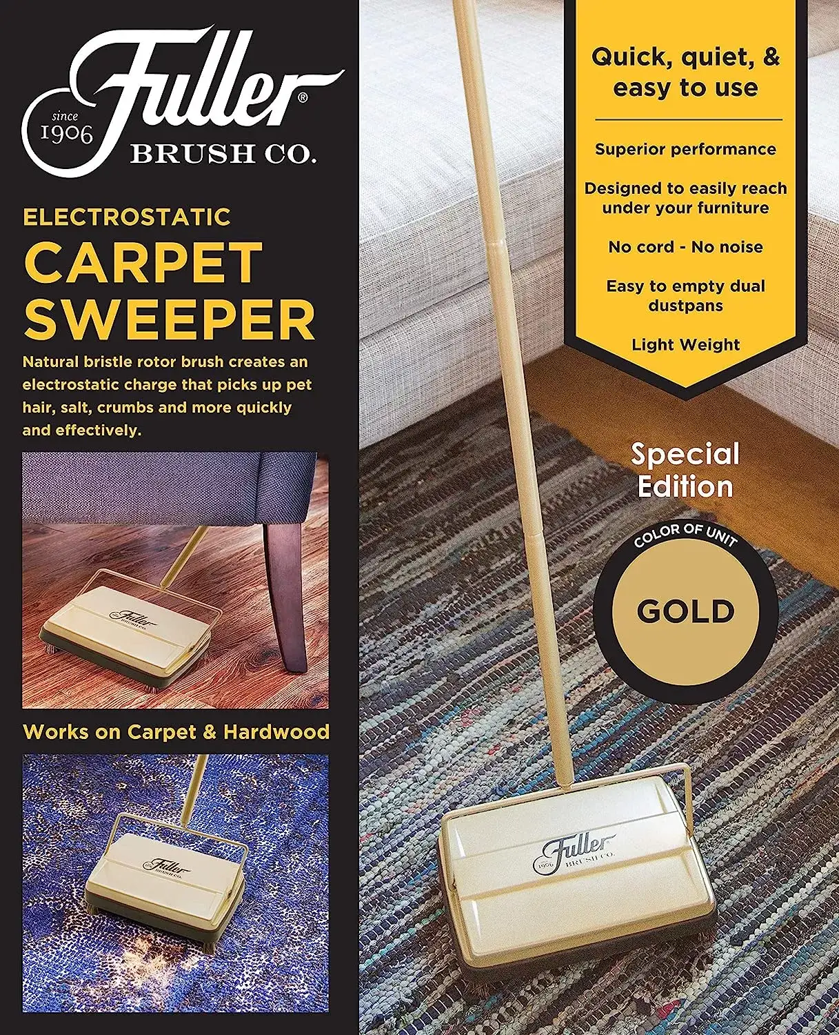 Fuller Brush 17027 Carpet & Floor Sweeper- Mini Stick Cleaner For Hardwood Surfaces, Wood Floors, Laminate, Tile- Small & Portable For The Home Or Office - Cleans Dust Pet Hair- Electrostatic & Silent