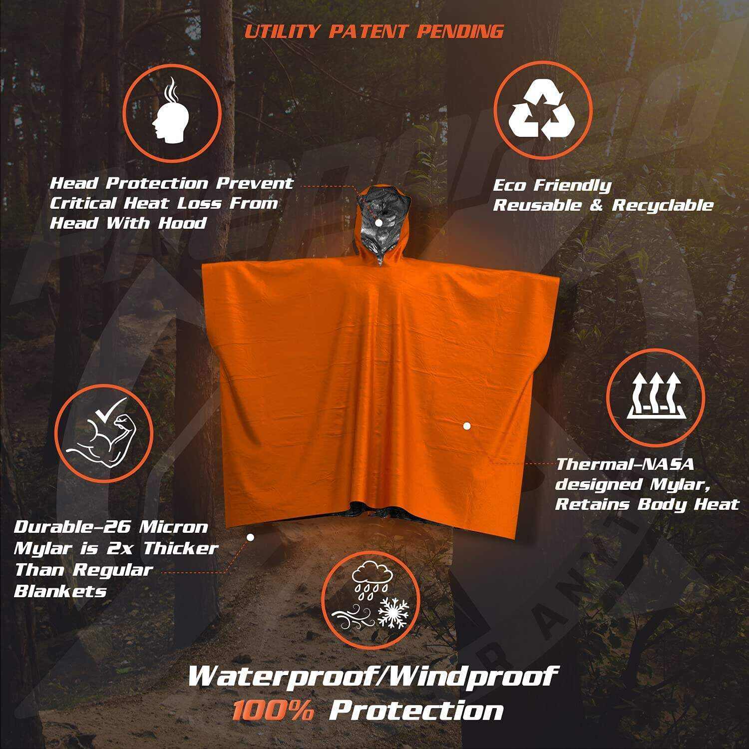 PREPARED4X Emergency Rain Poncho with Mylar Blanket Liner - Survival Blankets for Car - Heavy Duty, Waterproof Camping Gear, Tactical Prepper Supplies