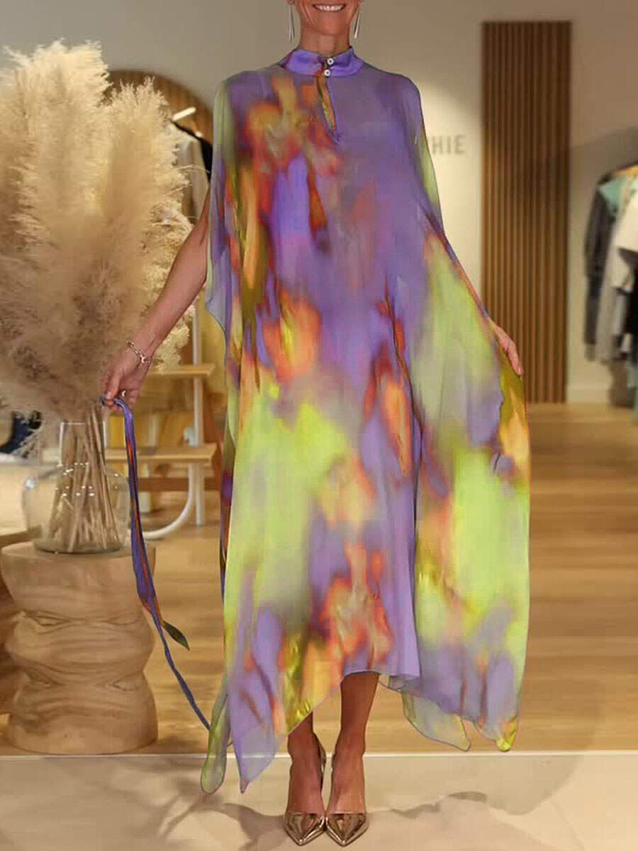 🔥Summer Arrivals🌟Women's Colorful Tie-Dye Stand Collar Sleeveless Casual Loose Chiffon Dress
