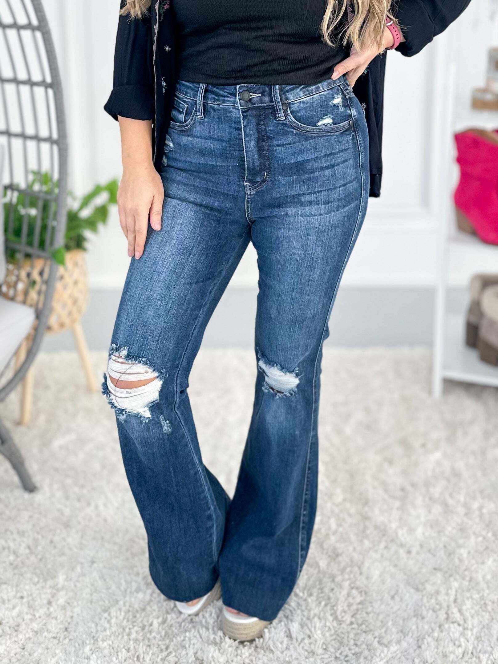Full Of Flare - Christmas Tummy Control Knee Destroy Raw Hem Flare Jeans- Final Sale