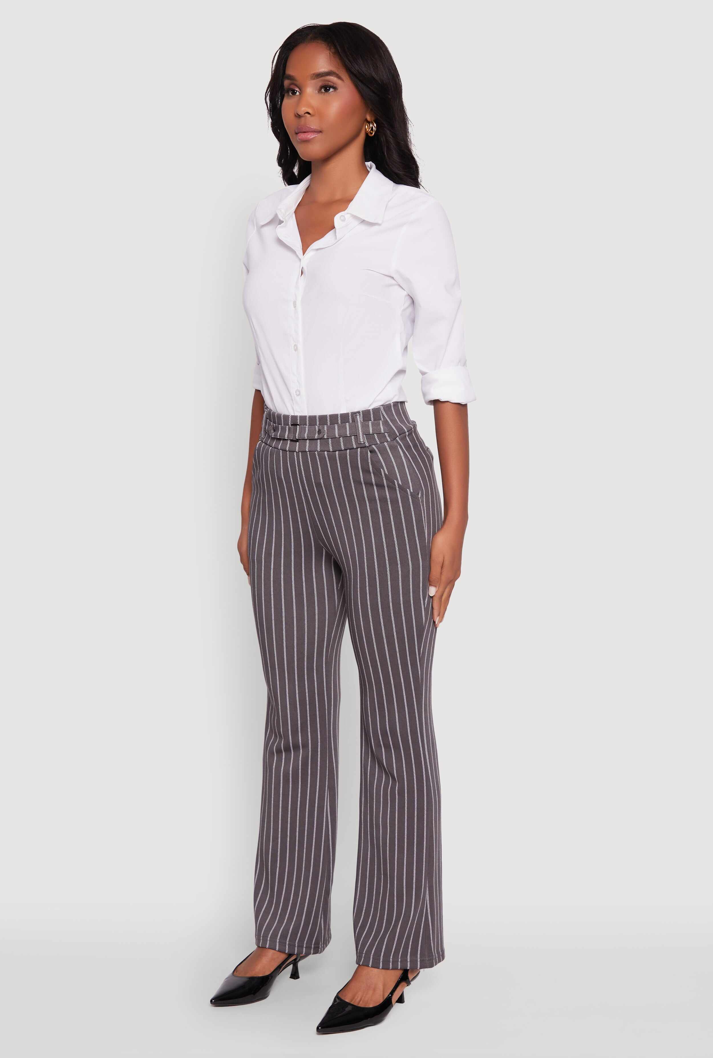 Pinstripe Buckle Detail Mid Rise Dress Pants