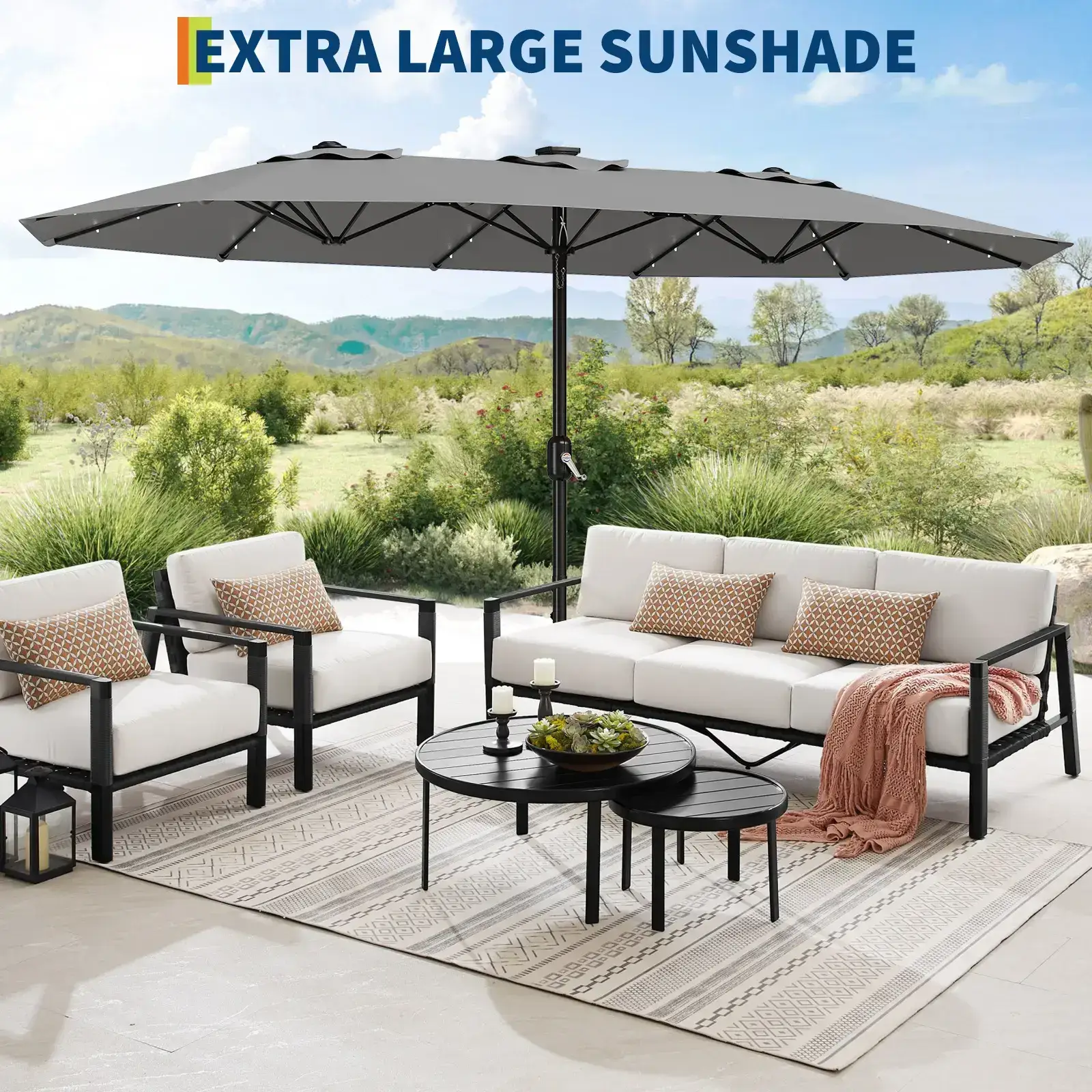 15ft Large Outdoor Patio Umbrella with Base – LED Light Option, Double-Sided, Crank Handle, Waterproof, Comes with Weighted Base and Sandbag, Accommodates 10 People
