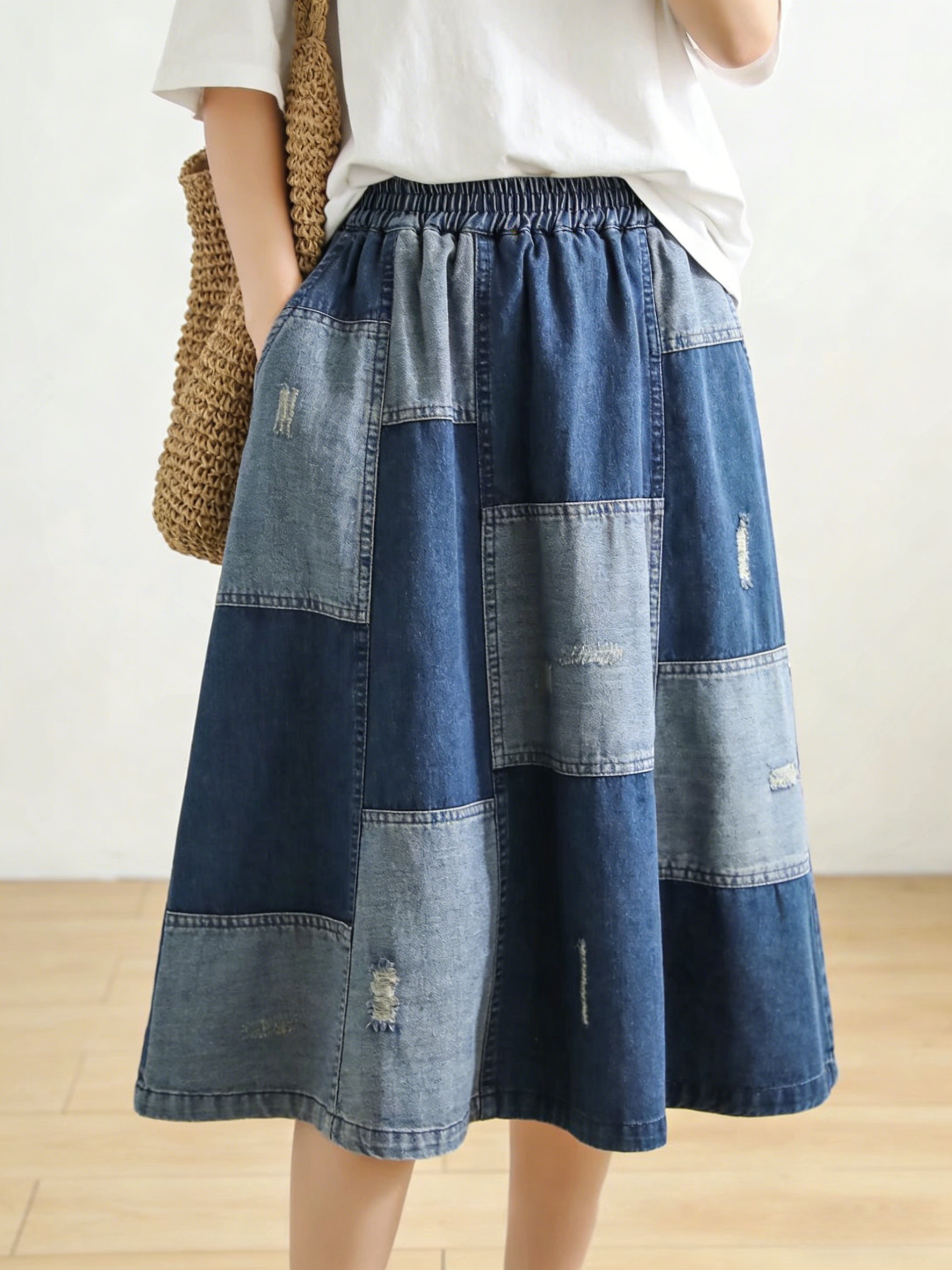 Blue Patchwork Elastic Waist Denim Skirts Summer