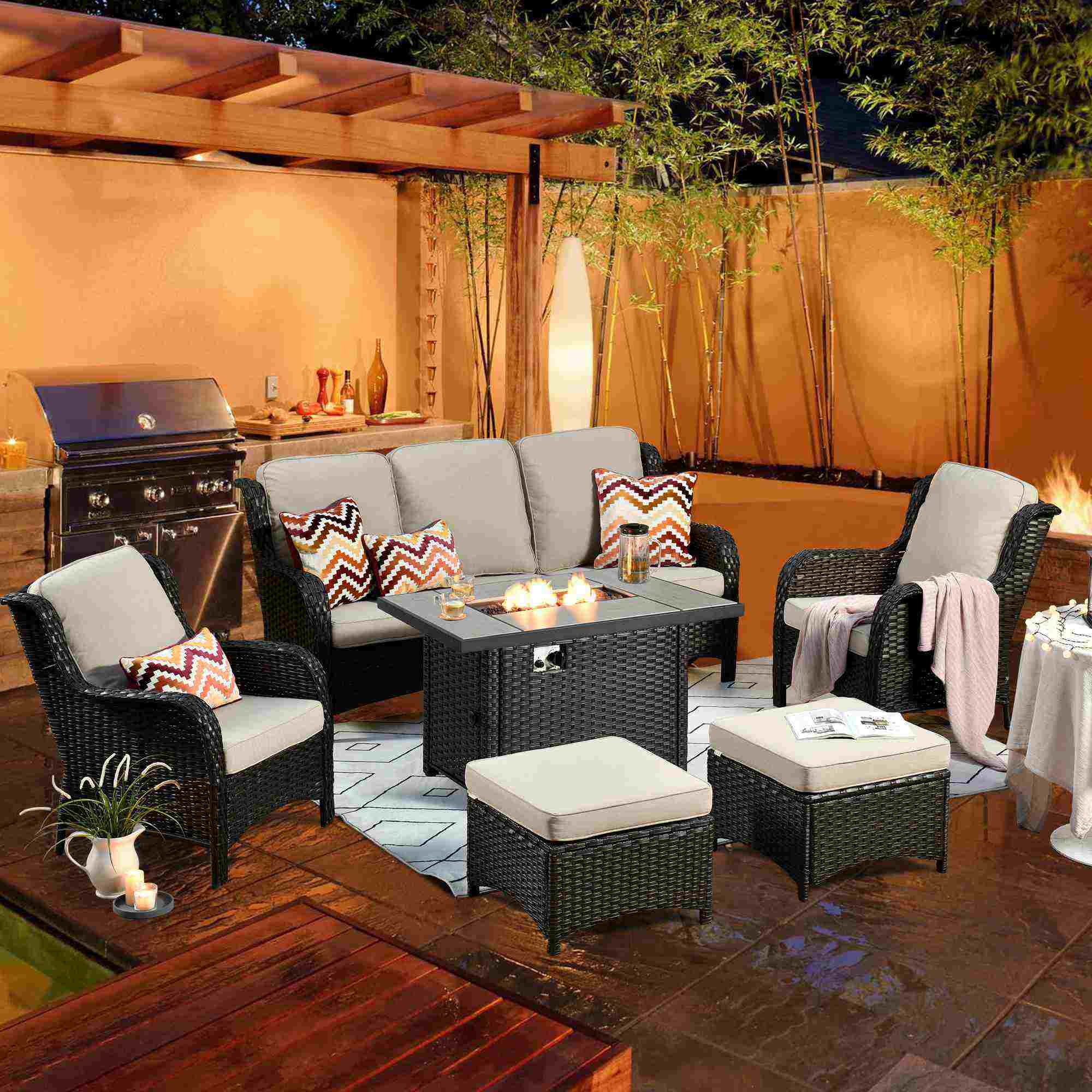 Ovios Patio 6-Piece Conversation Set with 42'' Rectangle Propane Fire Pit Table Kenard