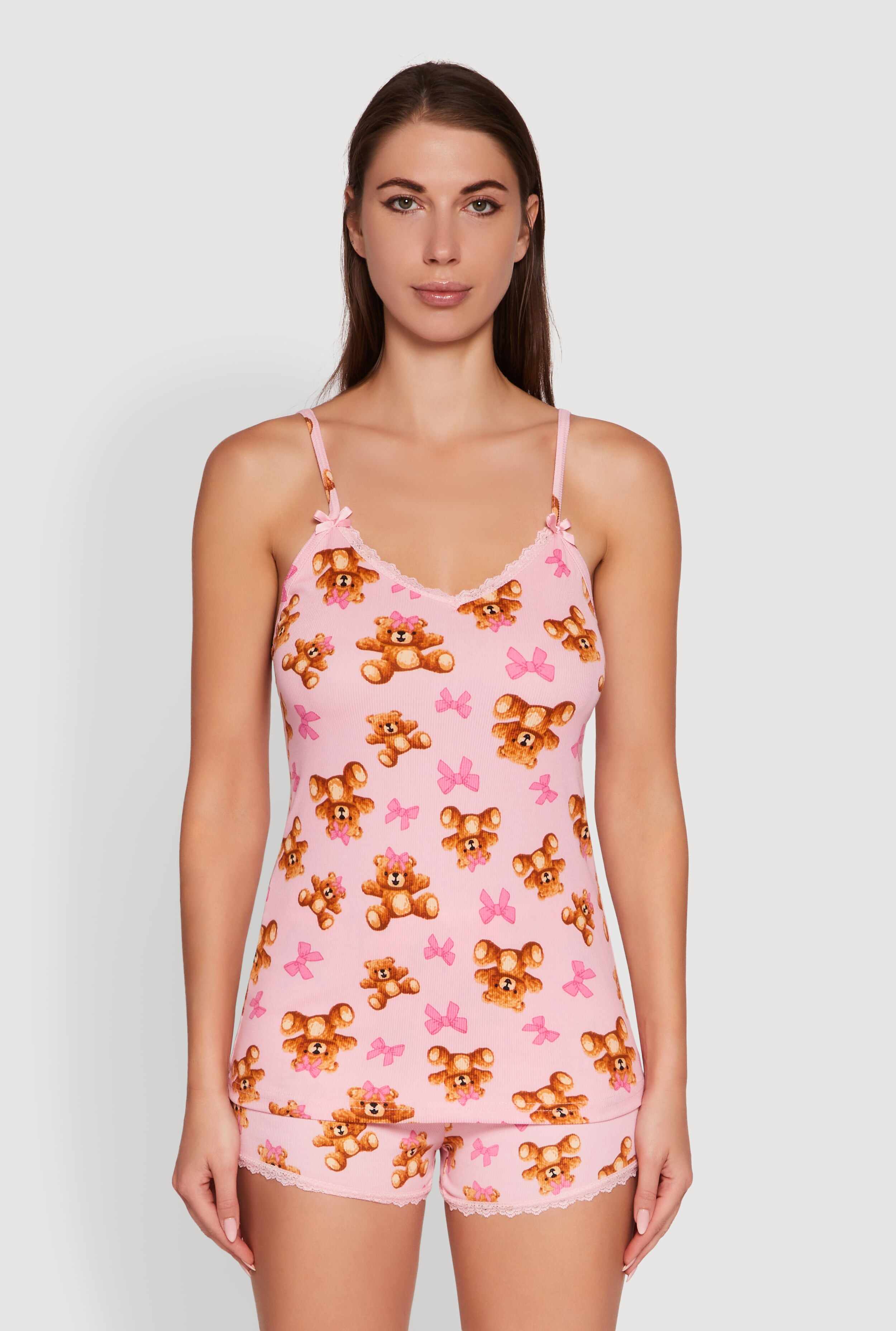 Teddy Bear Bow Print Pajama Cami and Shorts Set