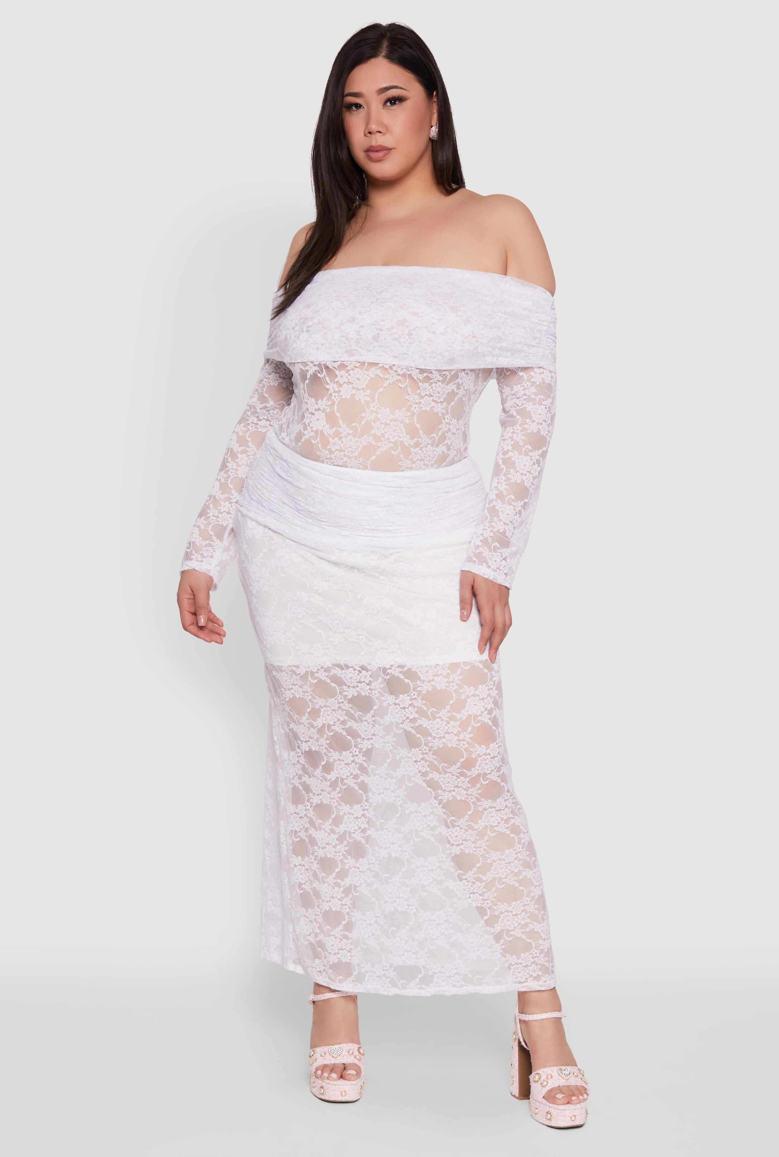 Plus Size Lace High Waisted Fold Over Maxi Skirt