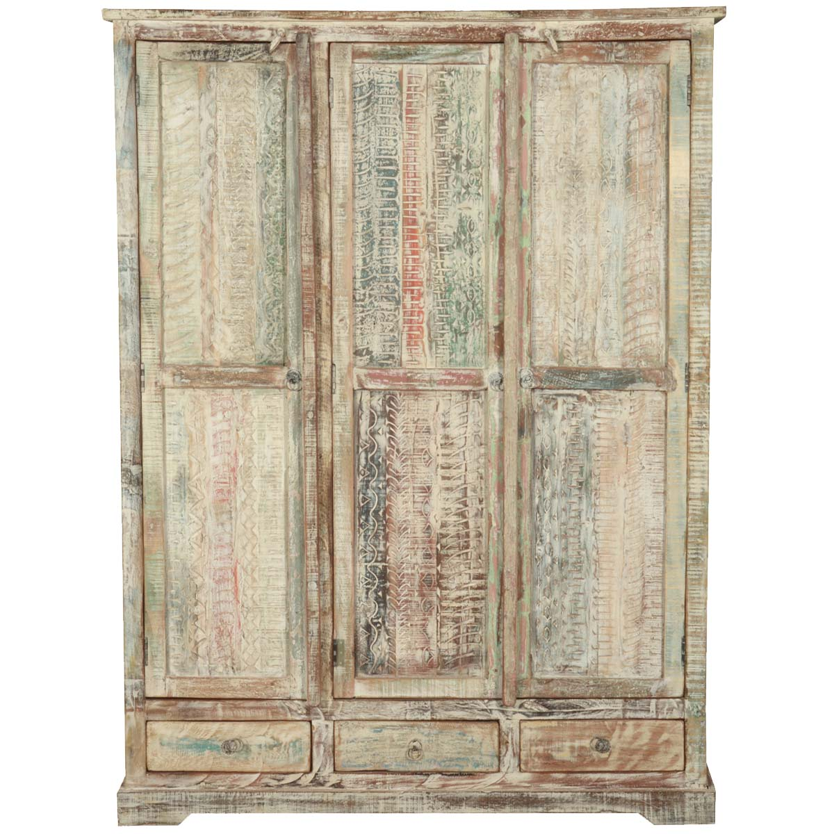 White Distressed Washed Solid Wood Large Wardrobe Armoire w Drawer