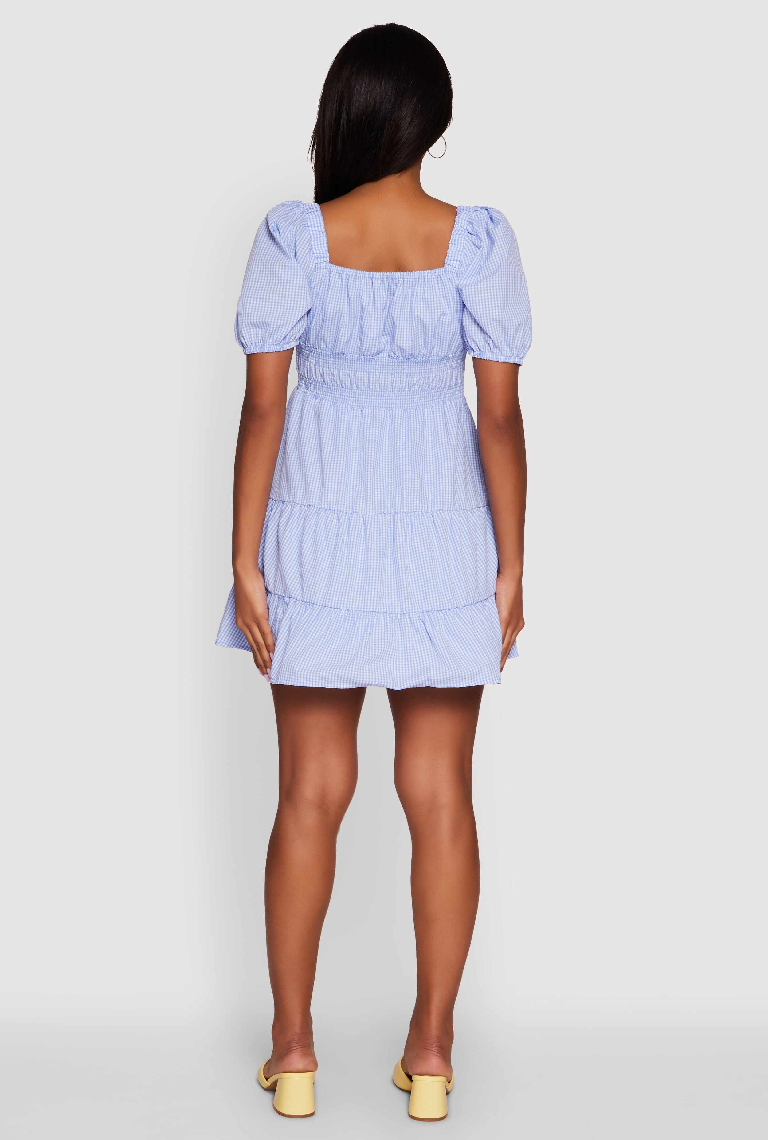 Gingham Puff Sleeve Square Neck Tiered Peasant Dress
