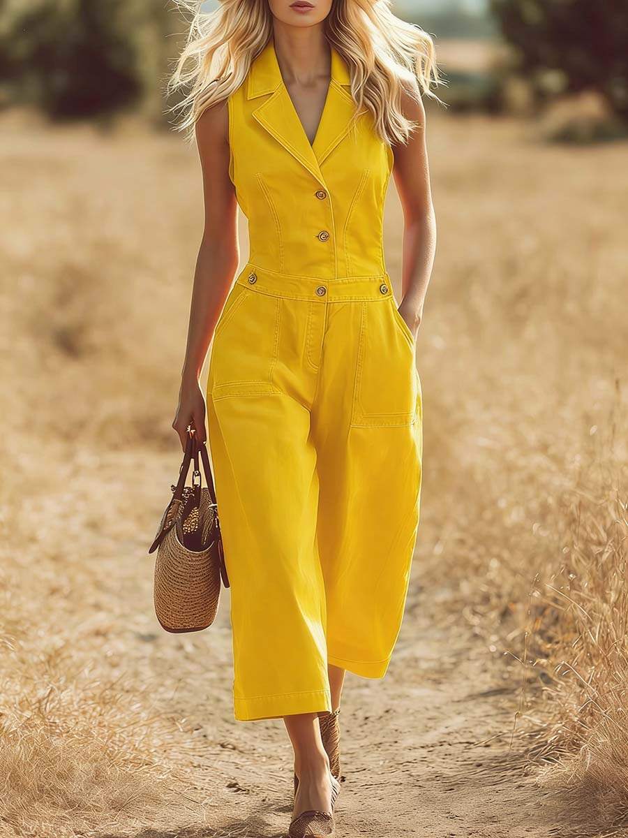 🔥Summer Arrivals🌟Women's Solid Color Lapel Sleeveless Casual Loose Cotton Jumpsuit