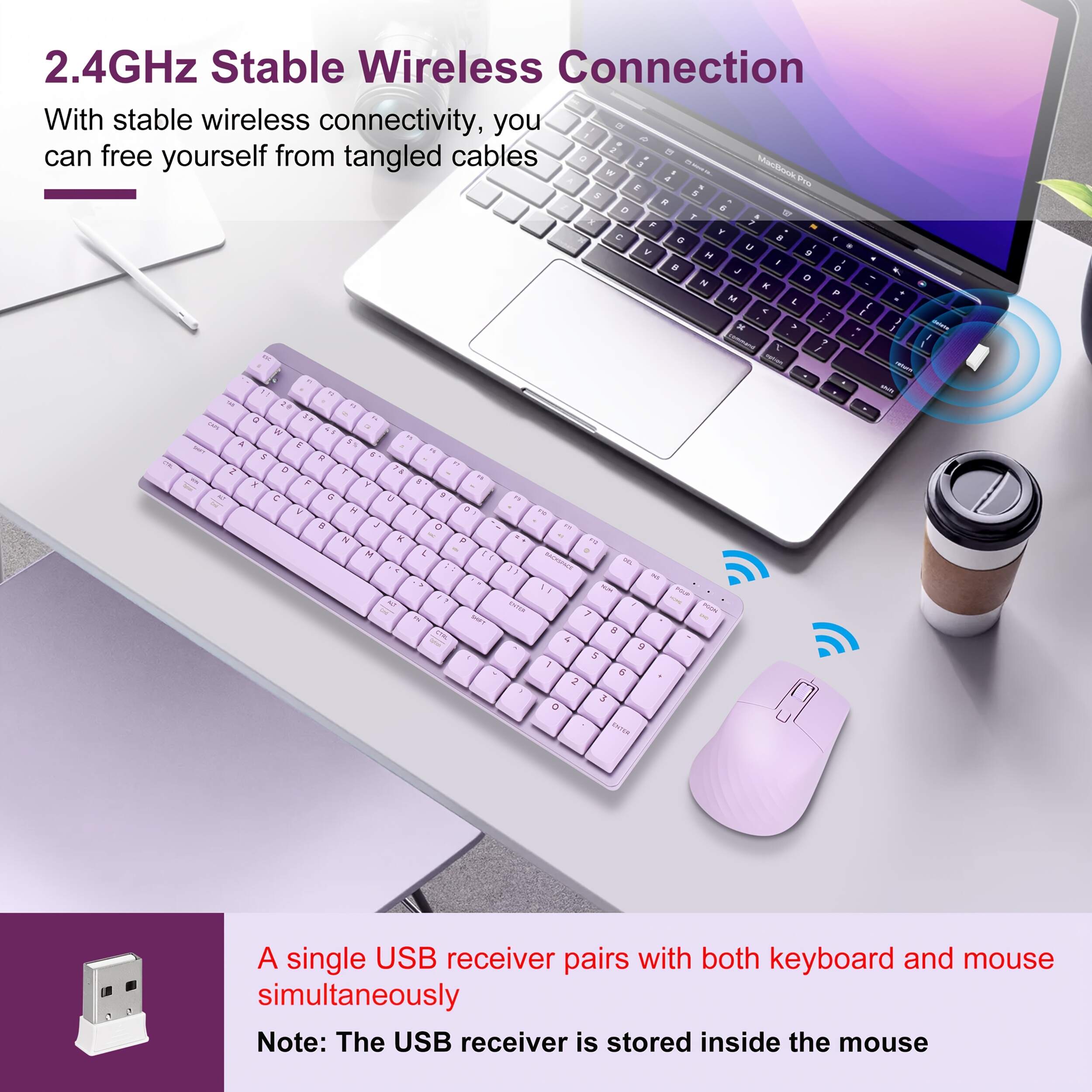 Wireless Mechanical Keyboard And Mouse, 2.4Ghz Cordless Mechanical Keyboard And Silent Mouse, Low-Profile Red Switch, 98-Key Compact Slim 96% Keyboard for Windows/MacOS PC Laptop