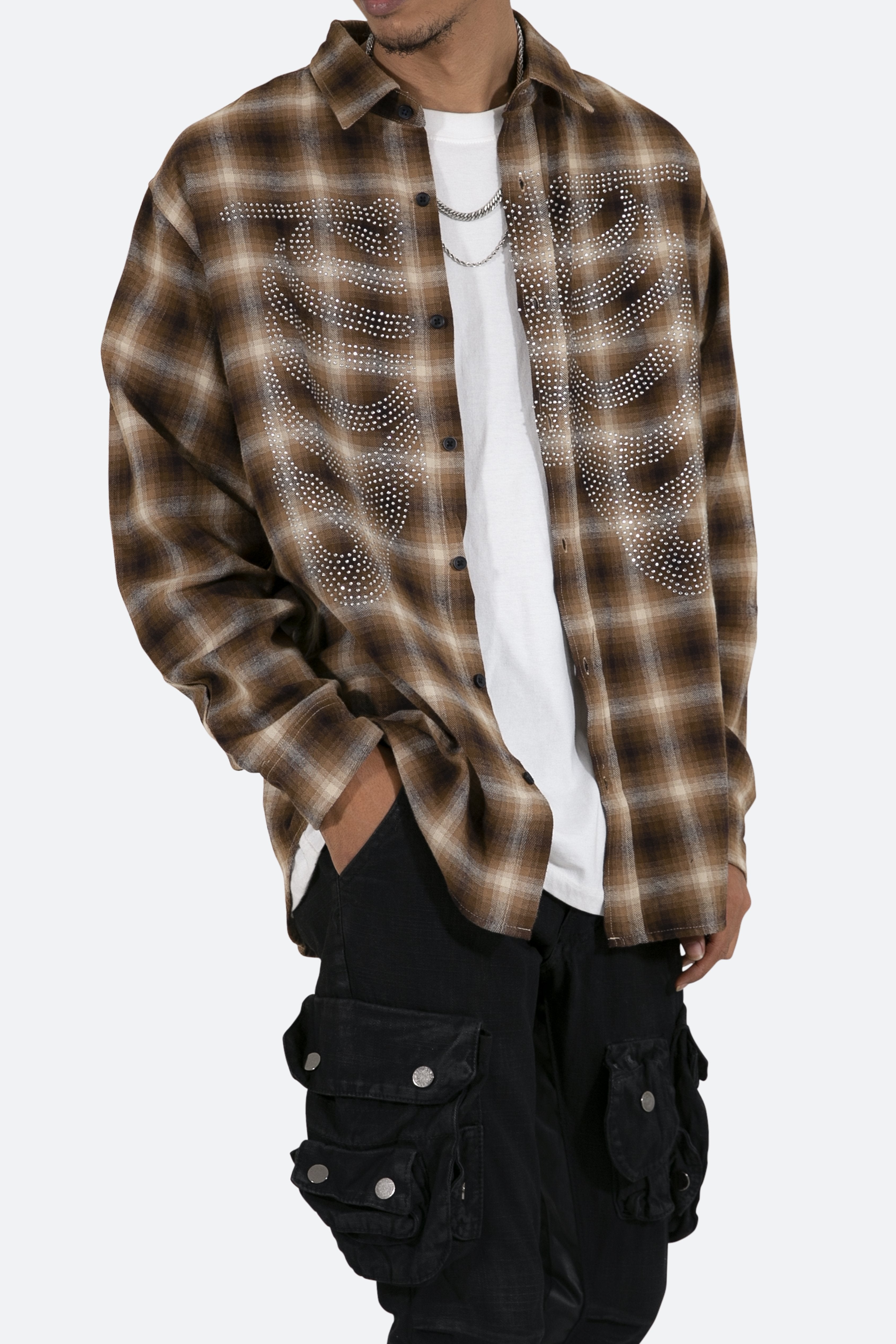Rhinestone Skeleton Flannel Shirt - Brown