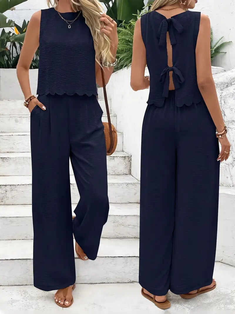 🔥Summer Arrivals🌟Women's Casual Round Neck Lace-up Top And Wide-leg Pants Set