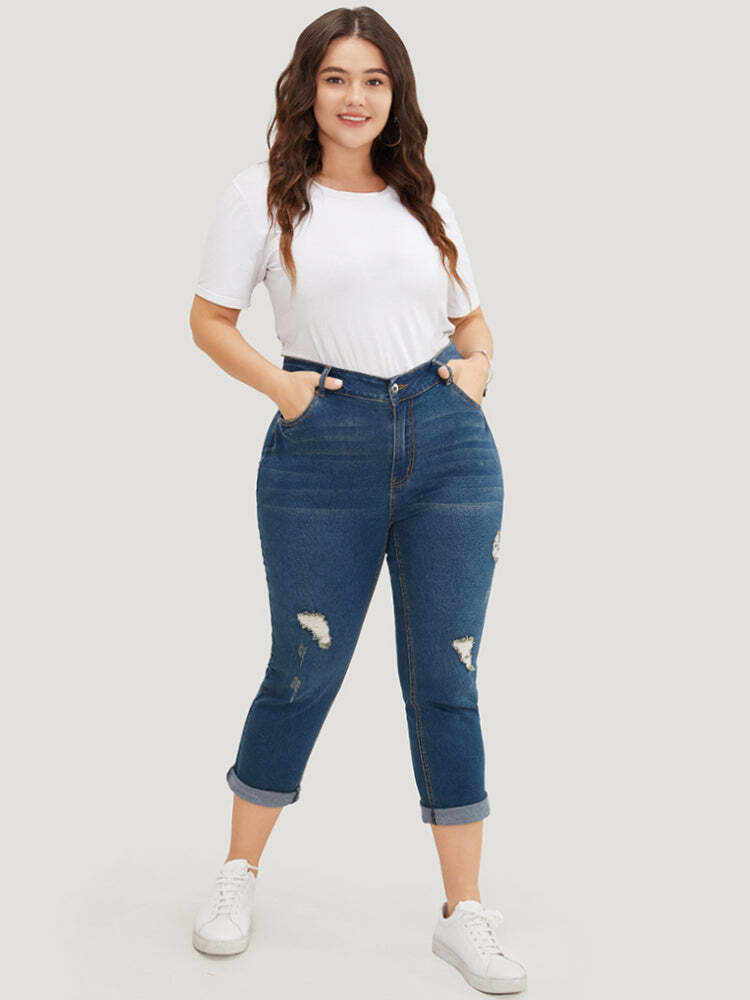 Very Stretchy  Dark Wash Roll Hem Cropped Jeans