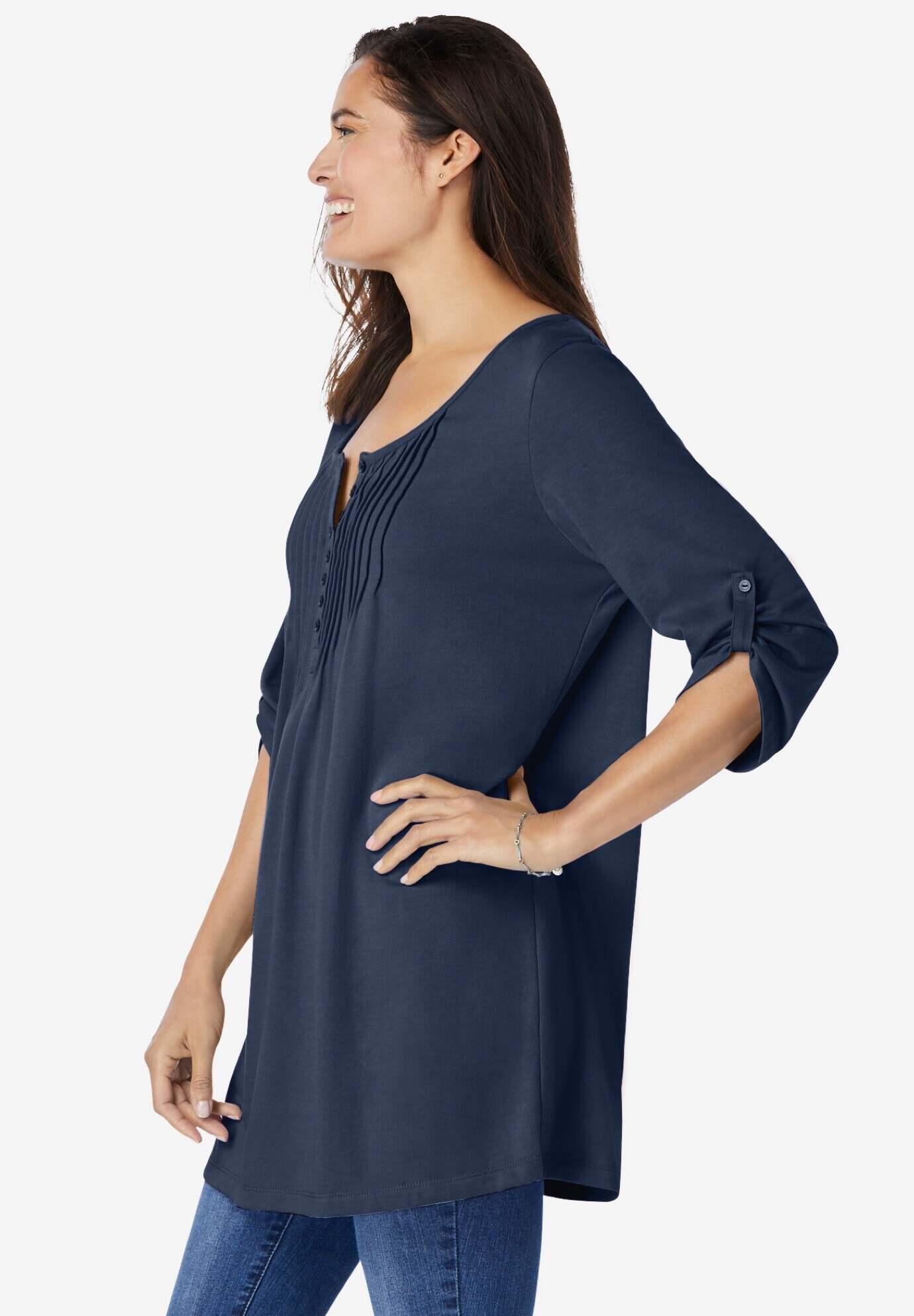 7-Day Three-Quarter Sleeve Pintucked Henley Tunic