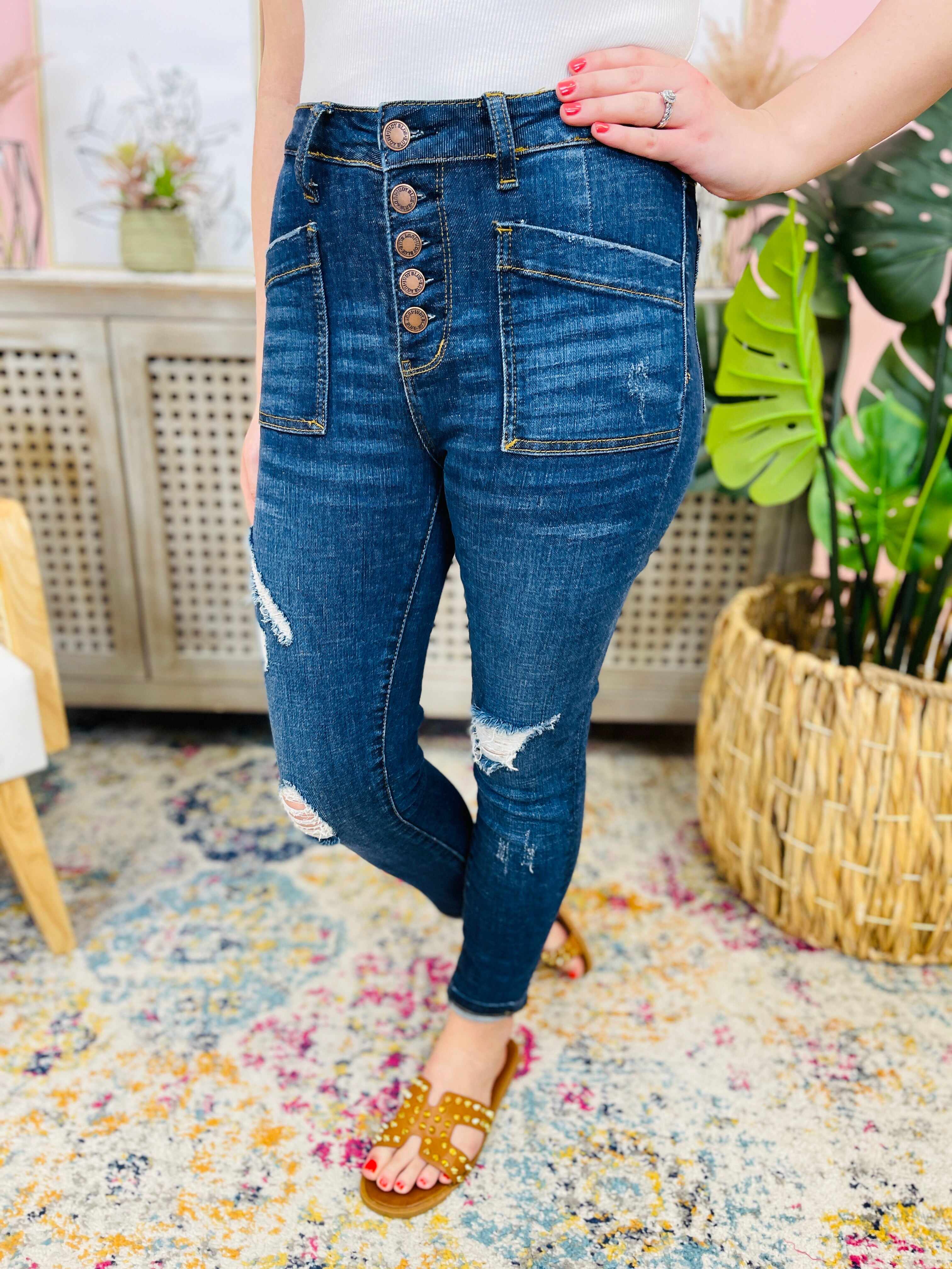RESTOCK! Plus/Reg My Goodies Button Fly Patch Pocket Skinny Jean