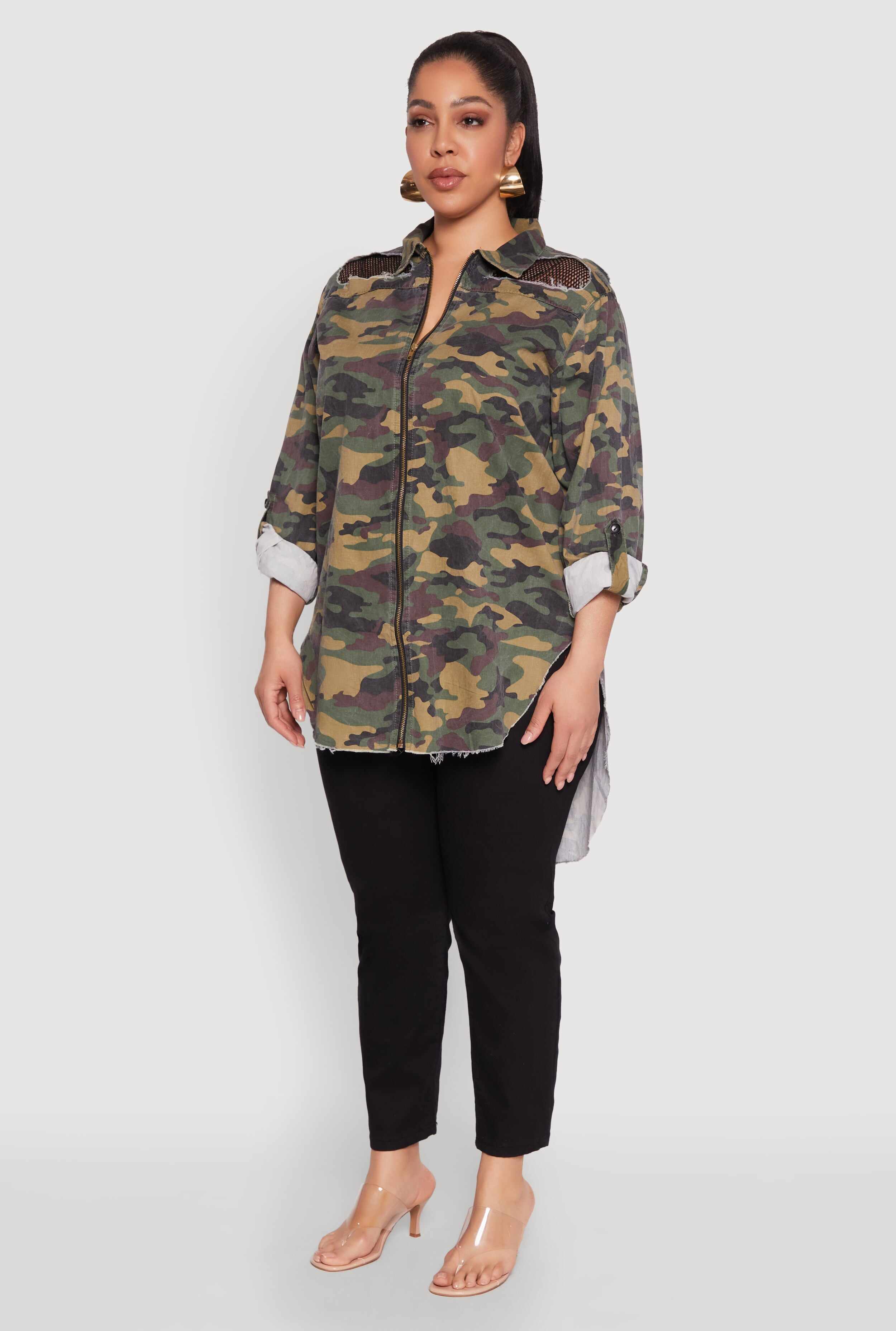 Plus Size Denim High Low Camo Top