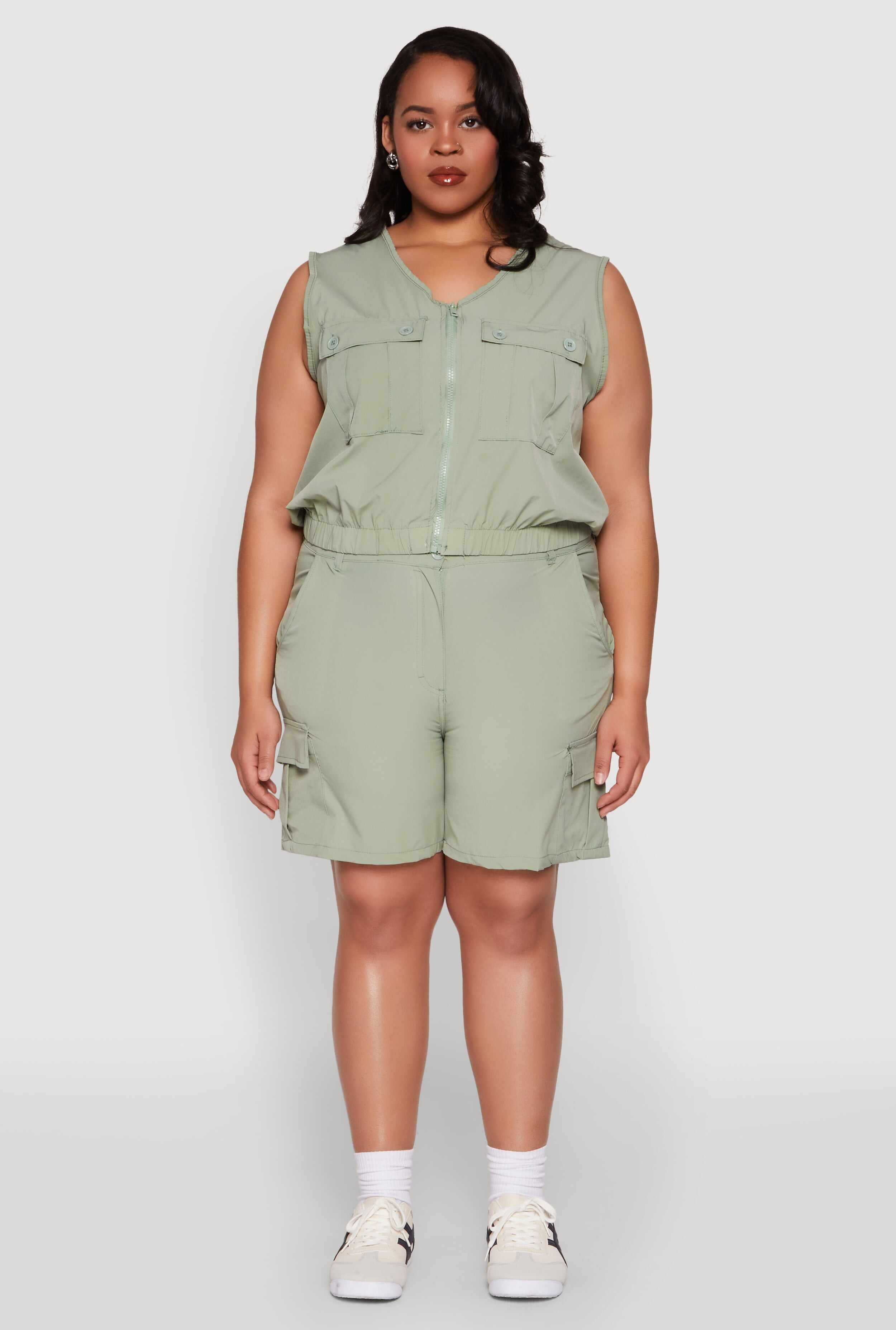 Plus Size Zip Front Cargo Pocket Top