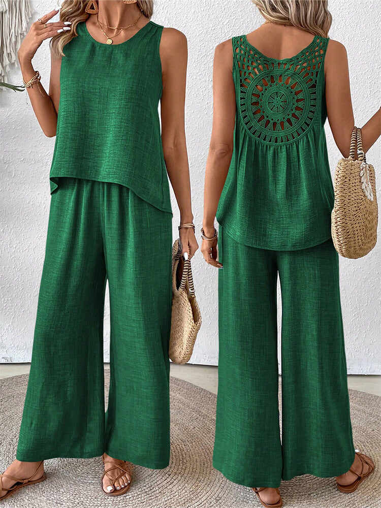 🔥Summer Arrivals🌟Women's Hollow Lace Two-piece Set: Casual Vest And Wide-leg Pants