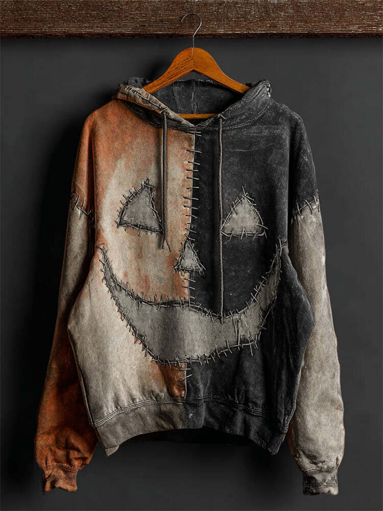 Halloween Pumpkin Face Contrast Patchwork Washed Hoodie
