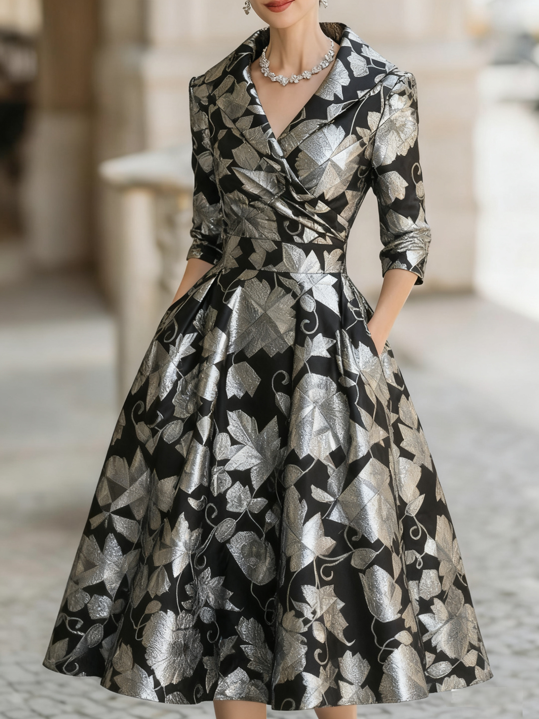 Vintage floral jacquard mid-length dress
