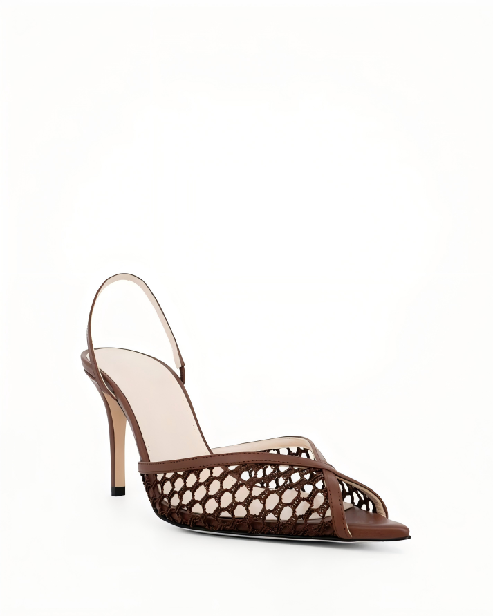 BROWN MESH SLINGBACK HEELS