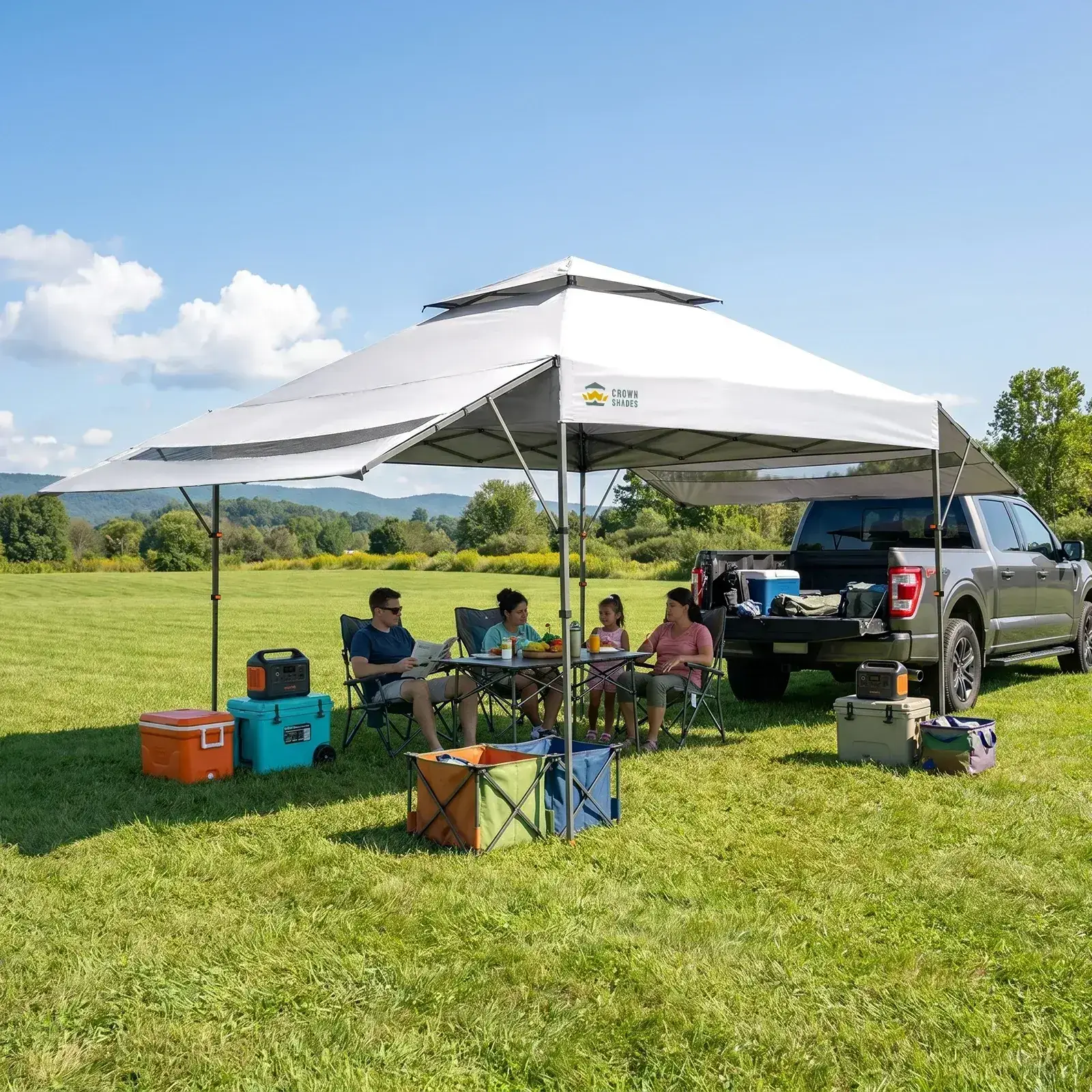 10x10 Pop Up Canopy Tent with Patented Center Lock, Instant Commercial Canopy with Extendable Awning, 150D Silver Coated Fabric, 4 Weight Bags, Ropes, Stakes & STO ’N Go Wheeled Bag