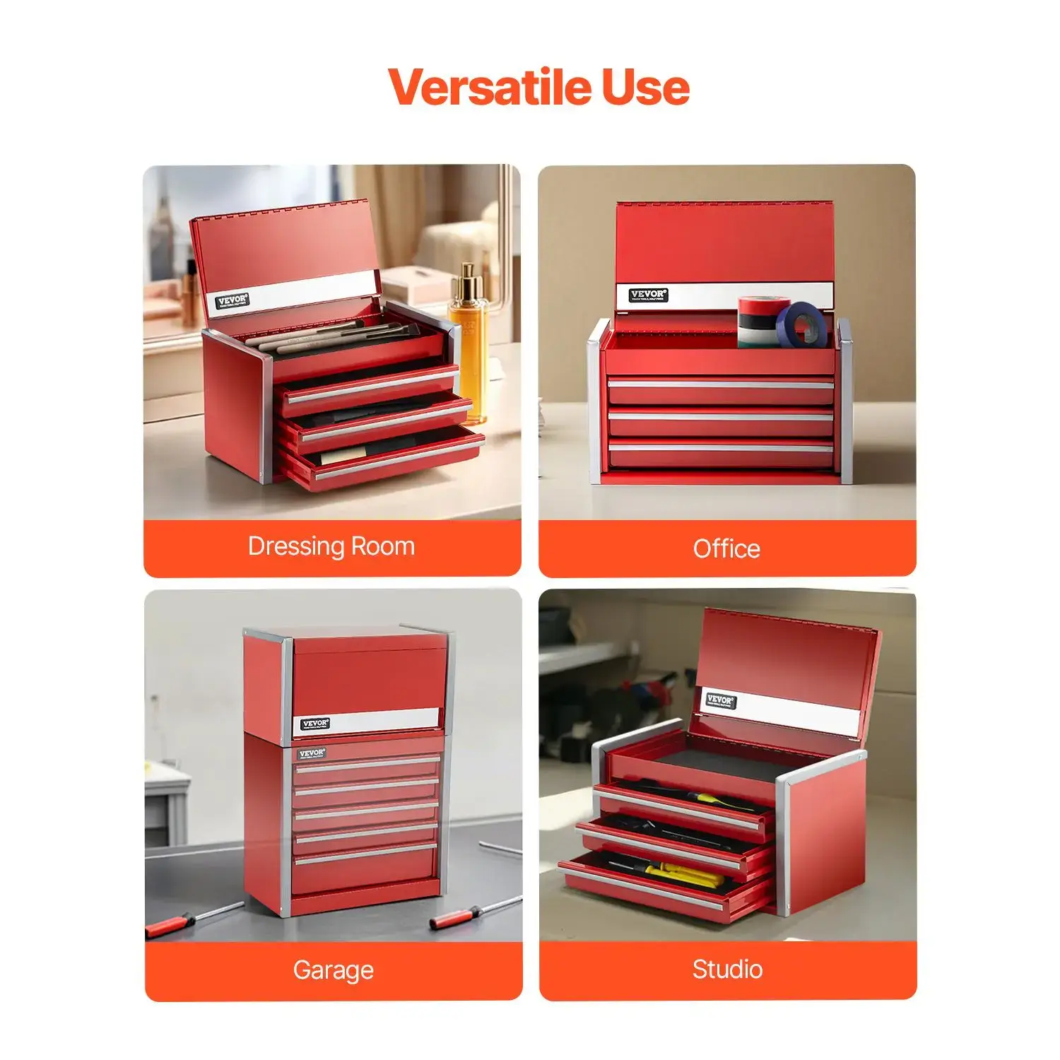 8.6 Inch Portable Metal Tool Box with 3 Drawers, Heavy Duty Steel Small Tool Chest with EVA Liners & PP Feet Pads, Ball Bearing Slides & Powder Coated Finish