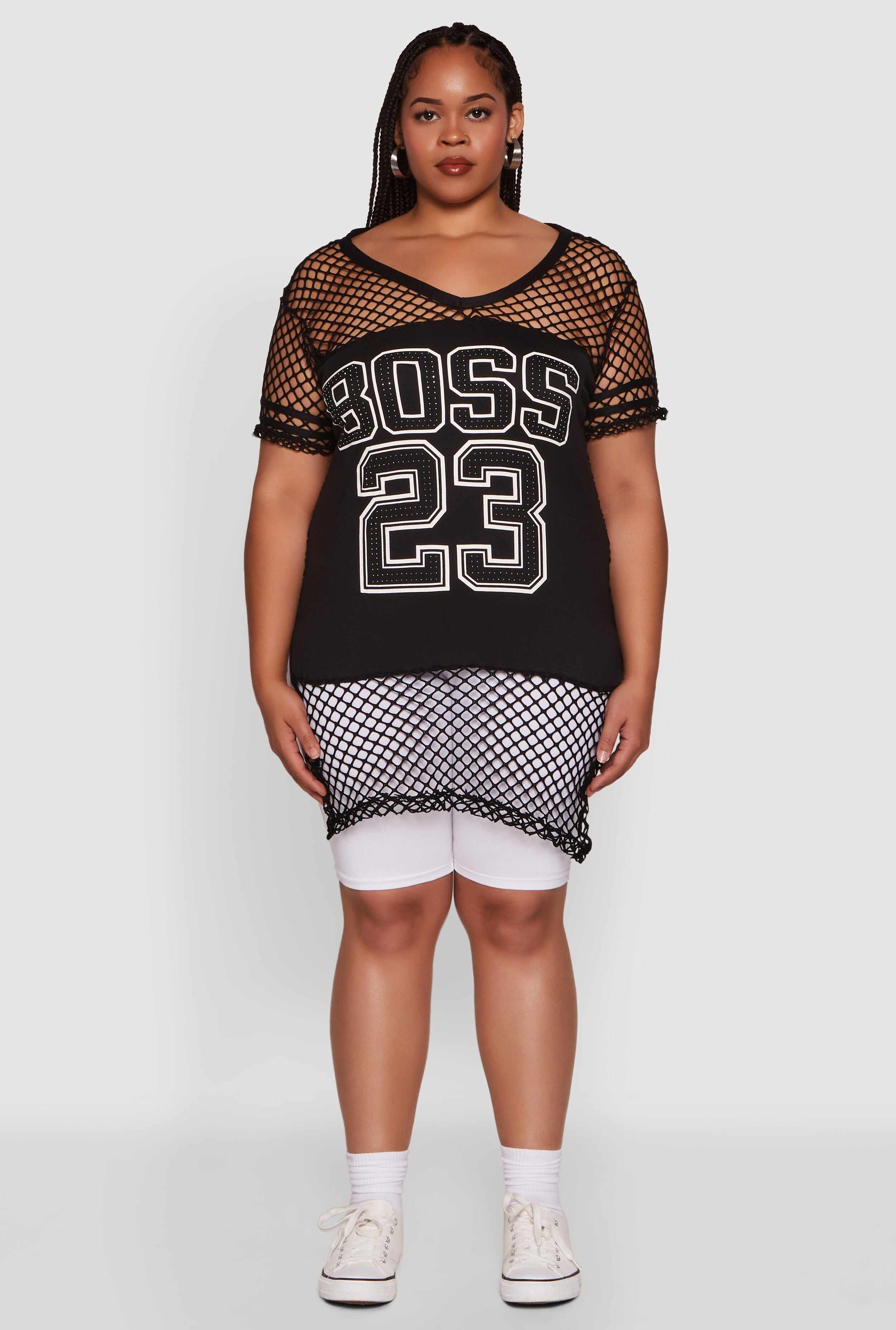 Plus Size Fishnet Boss 23 Rhinestone Graphic Top with Varsity Stripe Details