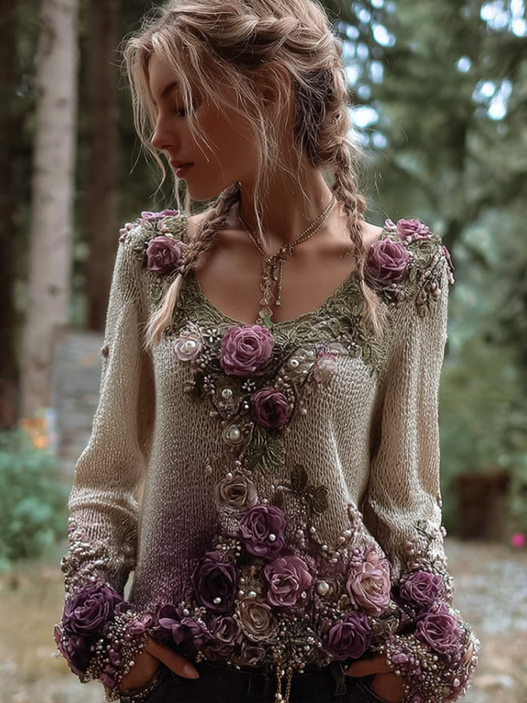 Bohemian Style Round Neck Long Sleeve 3d Purple Flower Design Women's Sweater