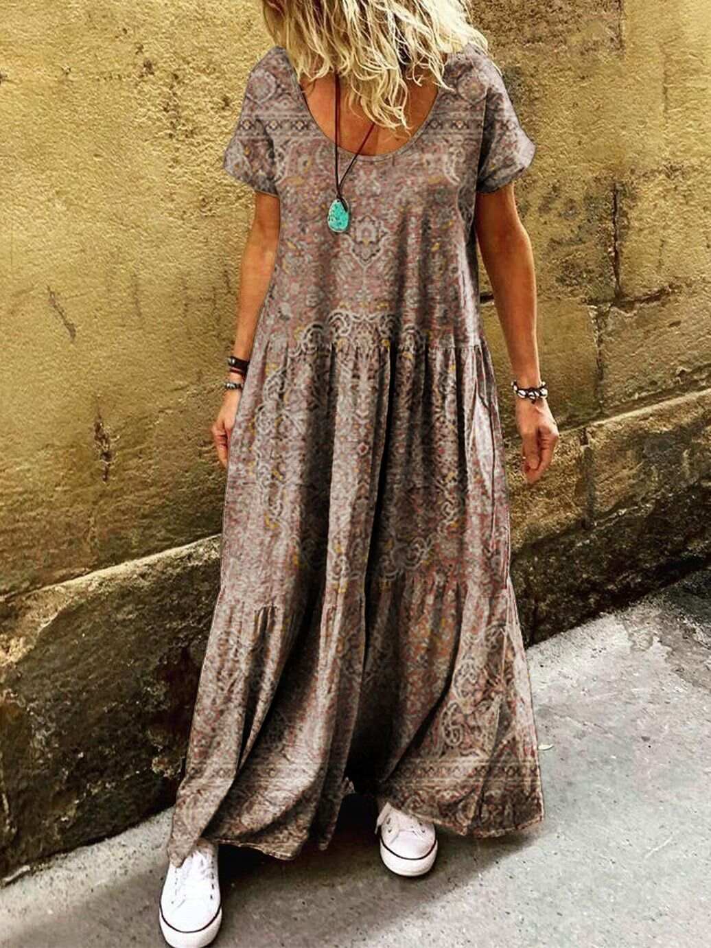 Women's Ethnic Pattern Art Printed Pocket Short Sleeve Cotton Dresses