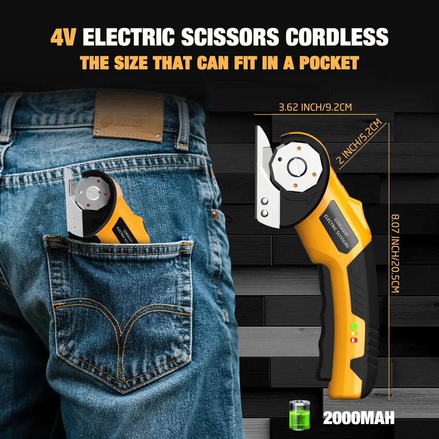 【Gift】Cordless Electric Scissors 4V – Rechargeable Heavy Duty Cutter with Safety Lock, LED Light, Long Battery Life & 2 Extra Blades | Easy-to-Use Wireless Shears for Cardboard, Packaging Yellow with Storage Bag