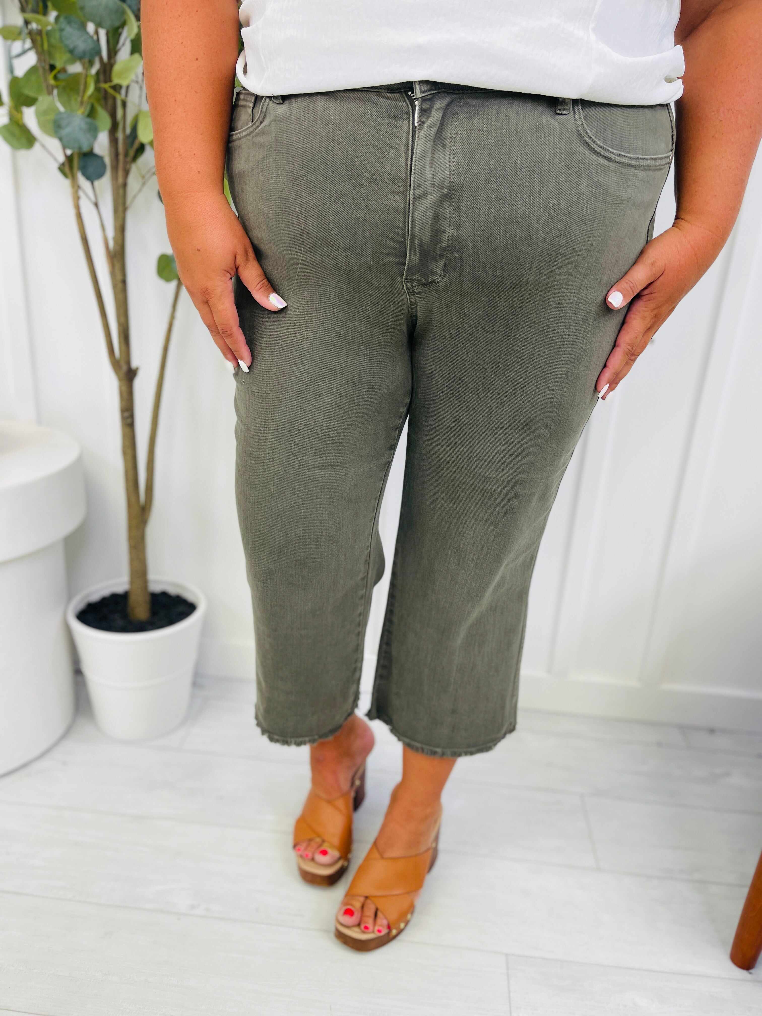 REG/CURVY Olive You Tummy Control Garment Dyed Wide Leg Cropped Jeans