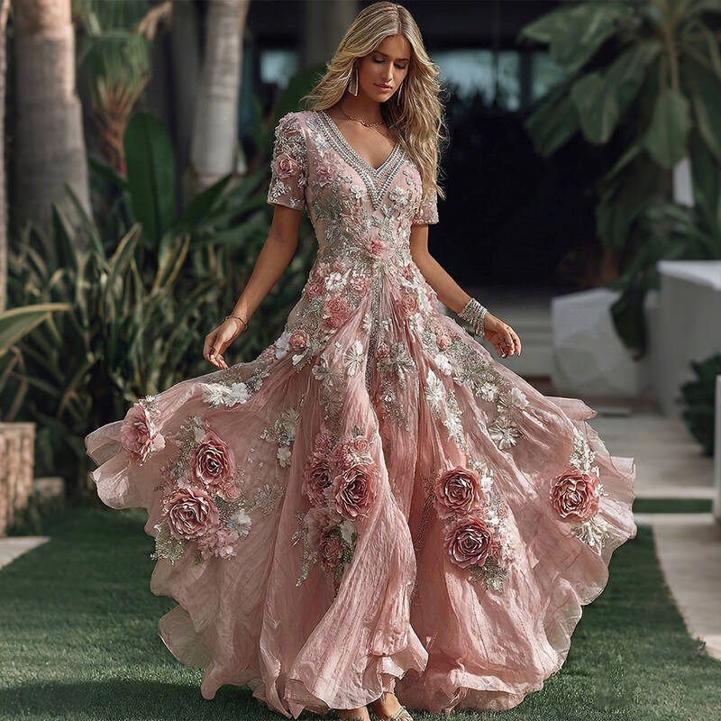 Women's Vacation Rose Floral Print Short Sleeve Dress