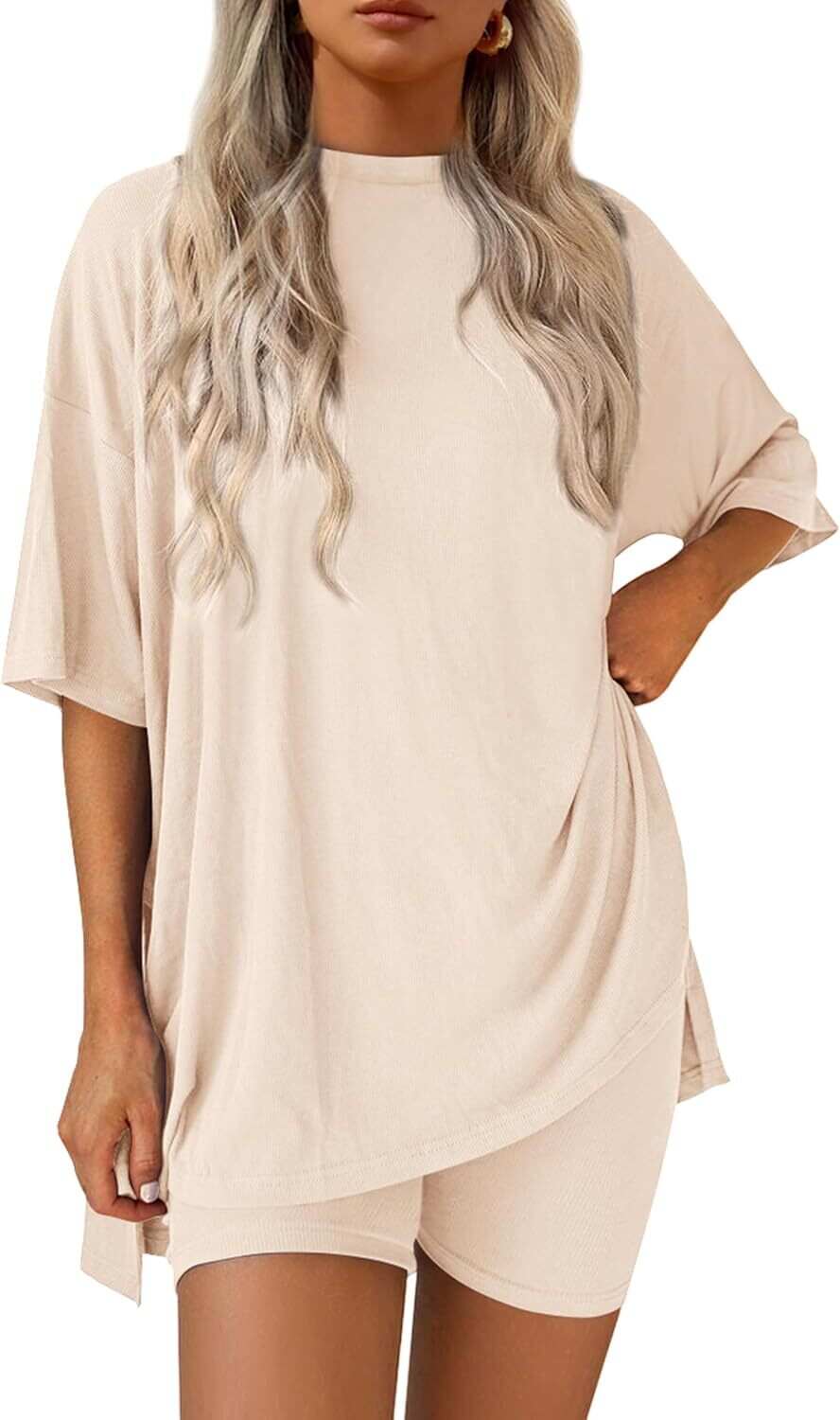 🔥Flash sale🔥Women's Two Piece Lounge Set 2026 Summer Casual Oversized Shirts  Biker Shorts Matching Airport Travel Outfit