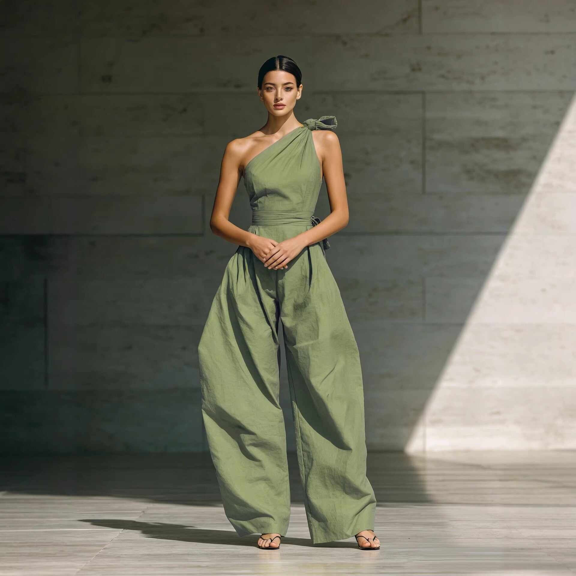 Sleeveless Slanted Shoulder Waist Jumpsuit