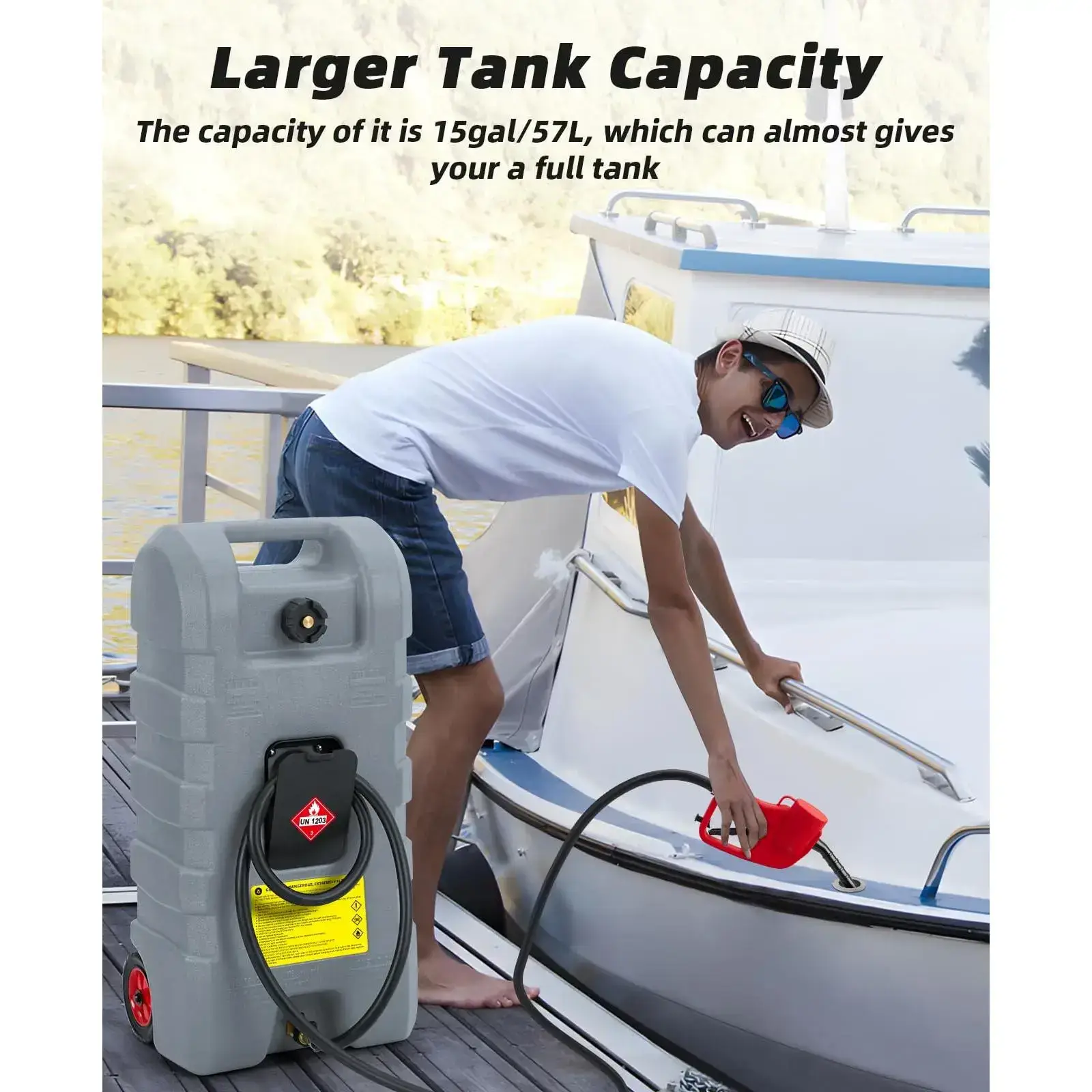 15 Gallon Portable Fuel Caddy with 10-ft Hose, Siphon Pump, and 7.5 L/min Manual Nozzle, Available in Gray, Red, and Yellow for Efficient Fuel Transfer and Storage.