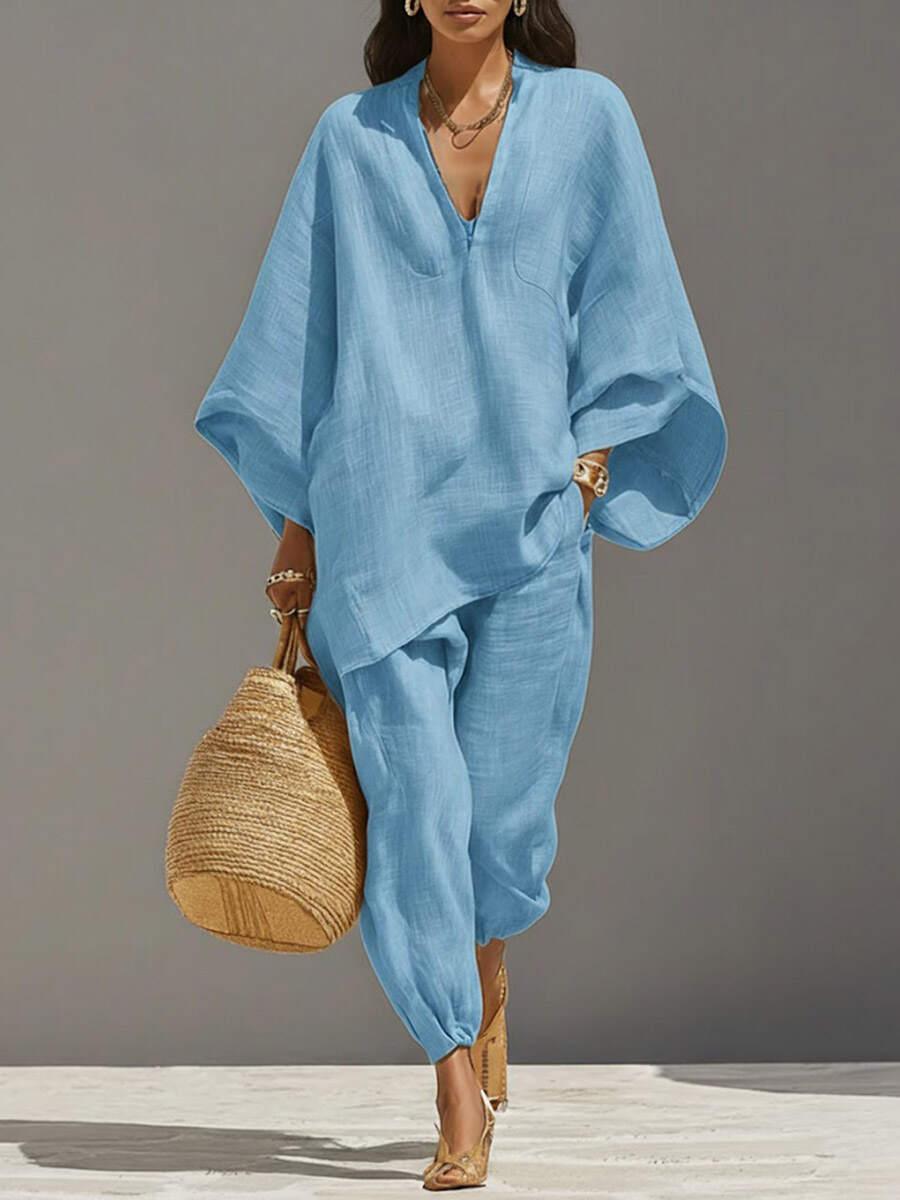 🔥Summer Arrivals🌟Women's Solid Color V-neck Long Sleeve Casual Loose Cotton Linen Top With Elastic Waist And Wide-leg Pants Set