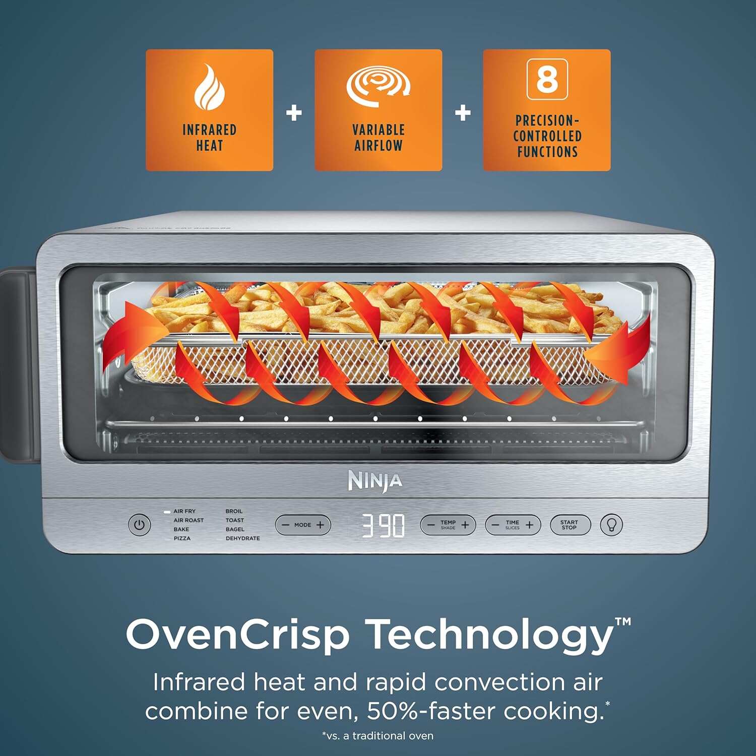 Air Fryer Toaster Oven Combo | 8-in-1 Functionality | Flip Up & Away for Storage Space | Air Fry Basket, Sheet Pan, Wire Rack & Removable Crumb Tray |1800 Watt | Stainless Steel | SP151