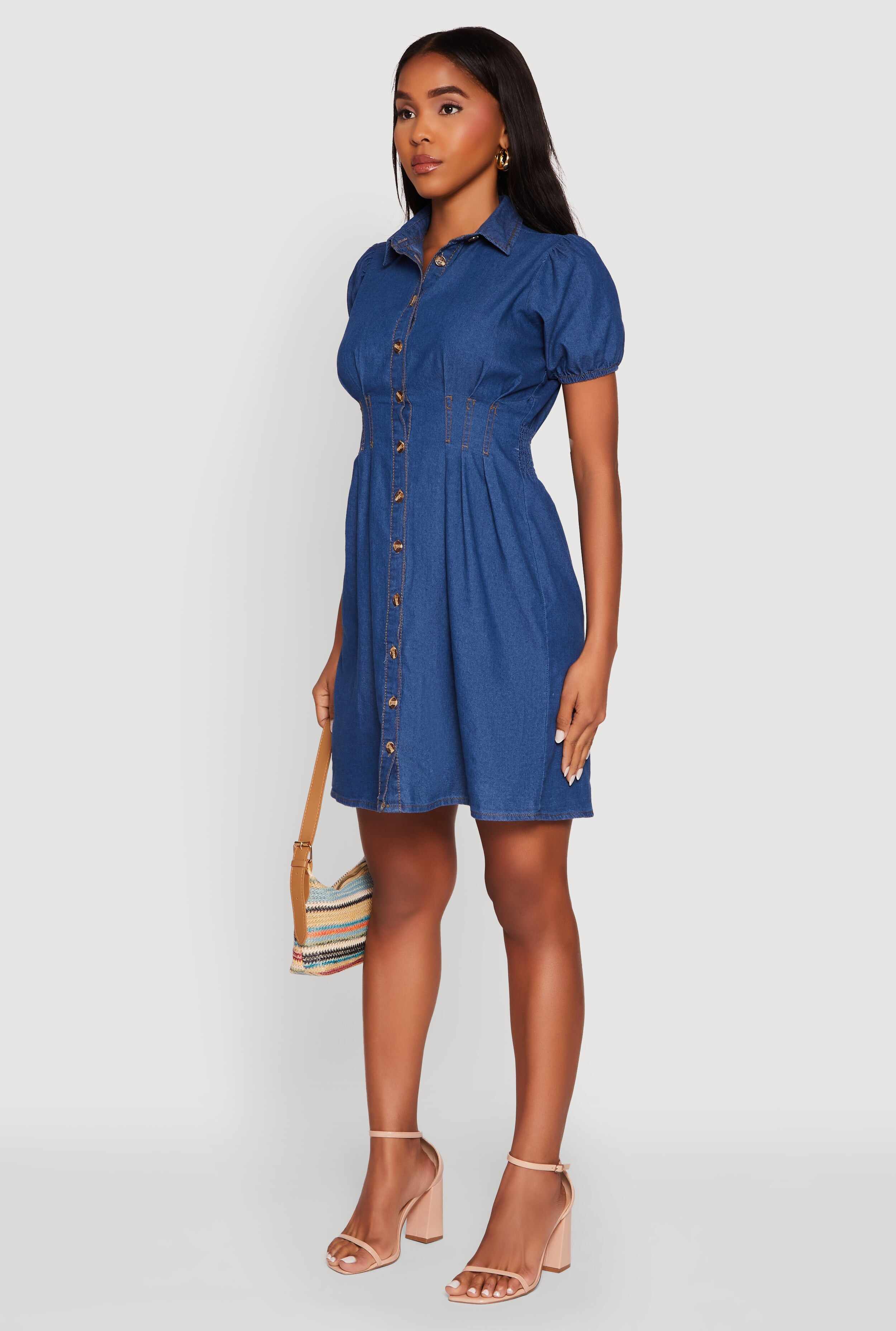 Chambray Short Puff Sleeve Shirt Dress