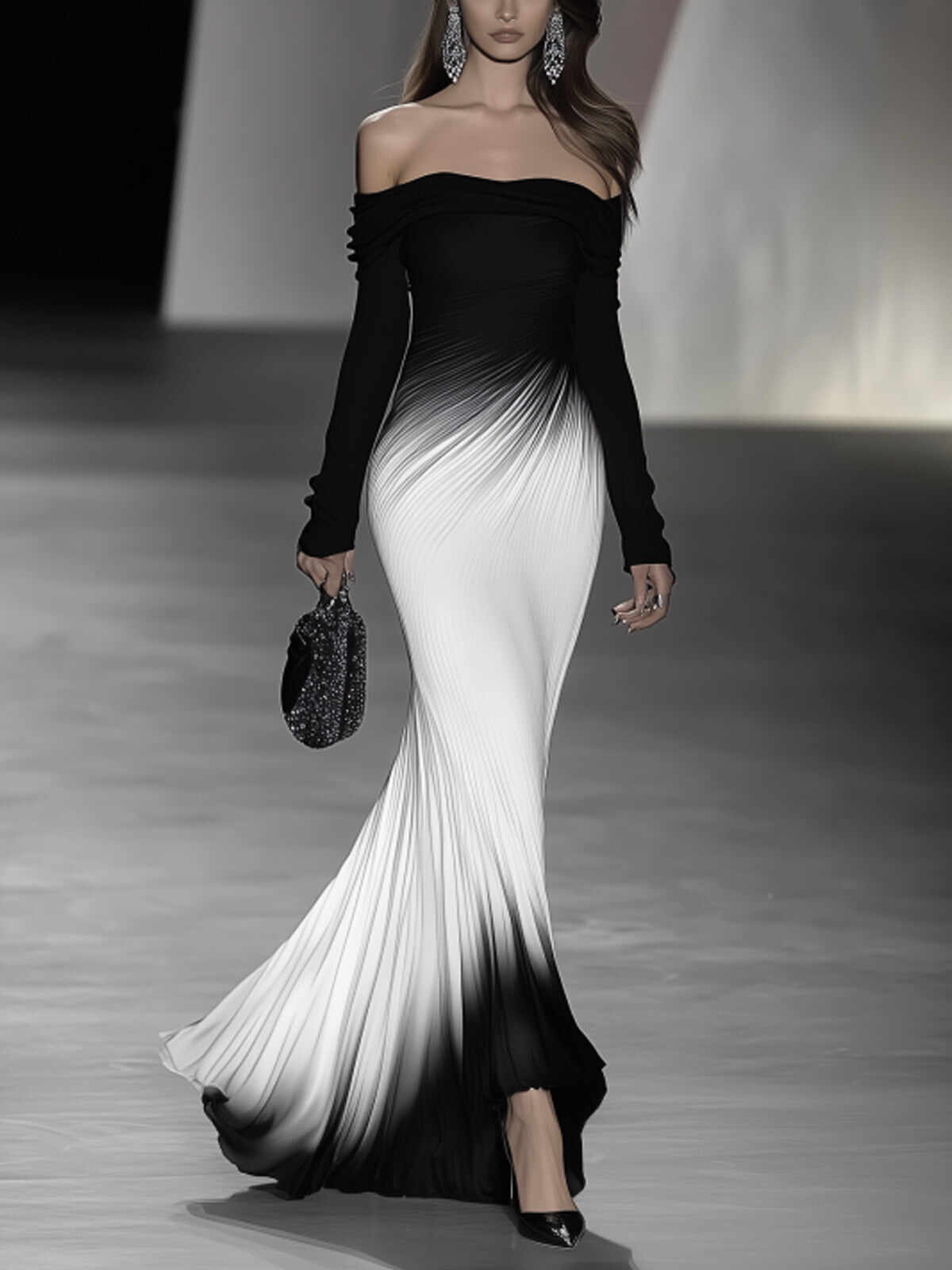 Off-Shoulder Black And White Gradient Maxi Dress