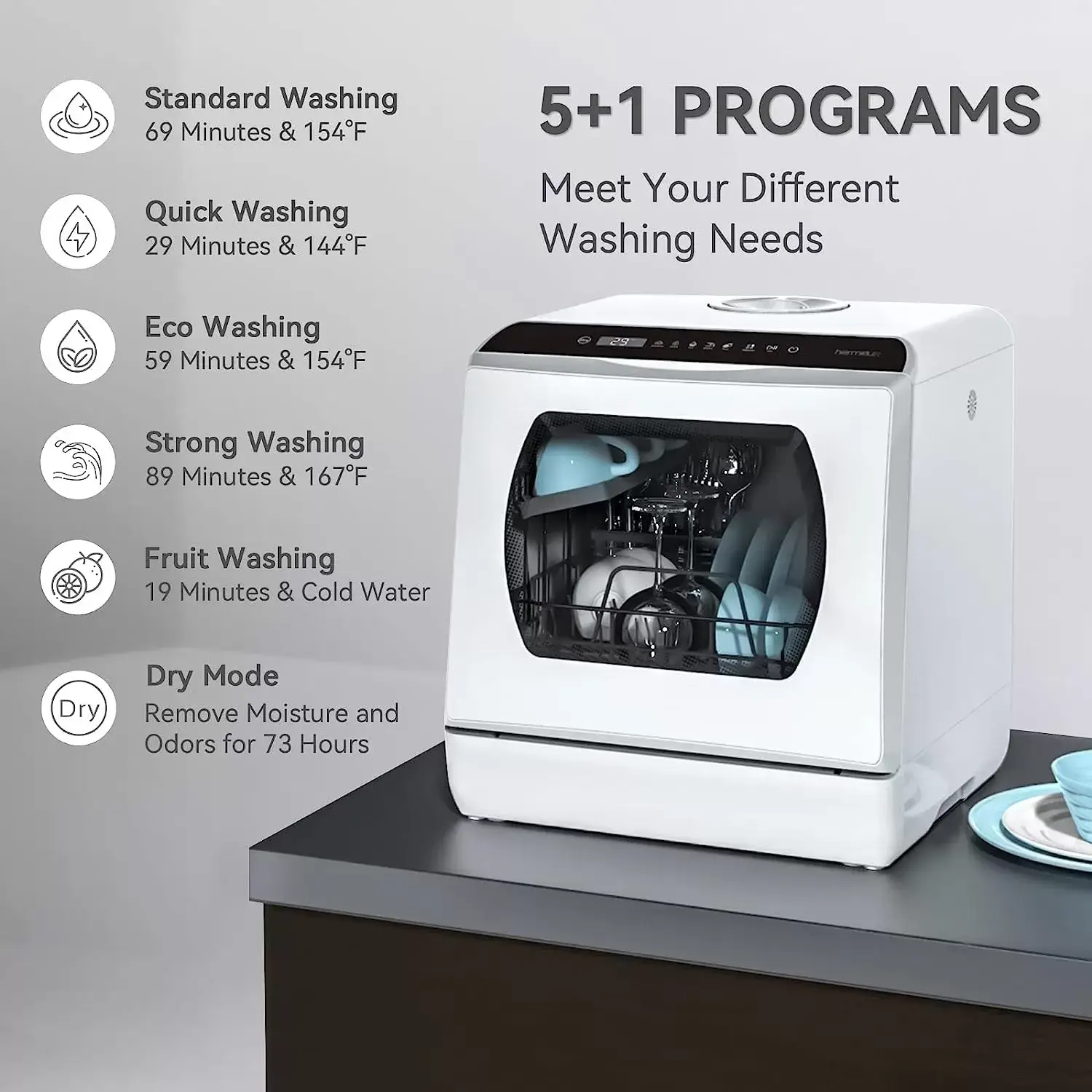 Hermitlux Countertop Dishwasher, 5 Washing Programs Portable Dishwasher With 5-Liter Built-in Water Tank, No Hookup Needed