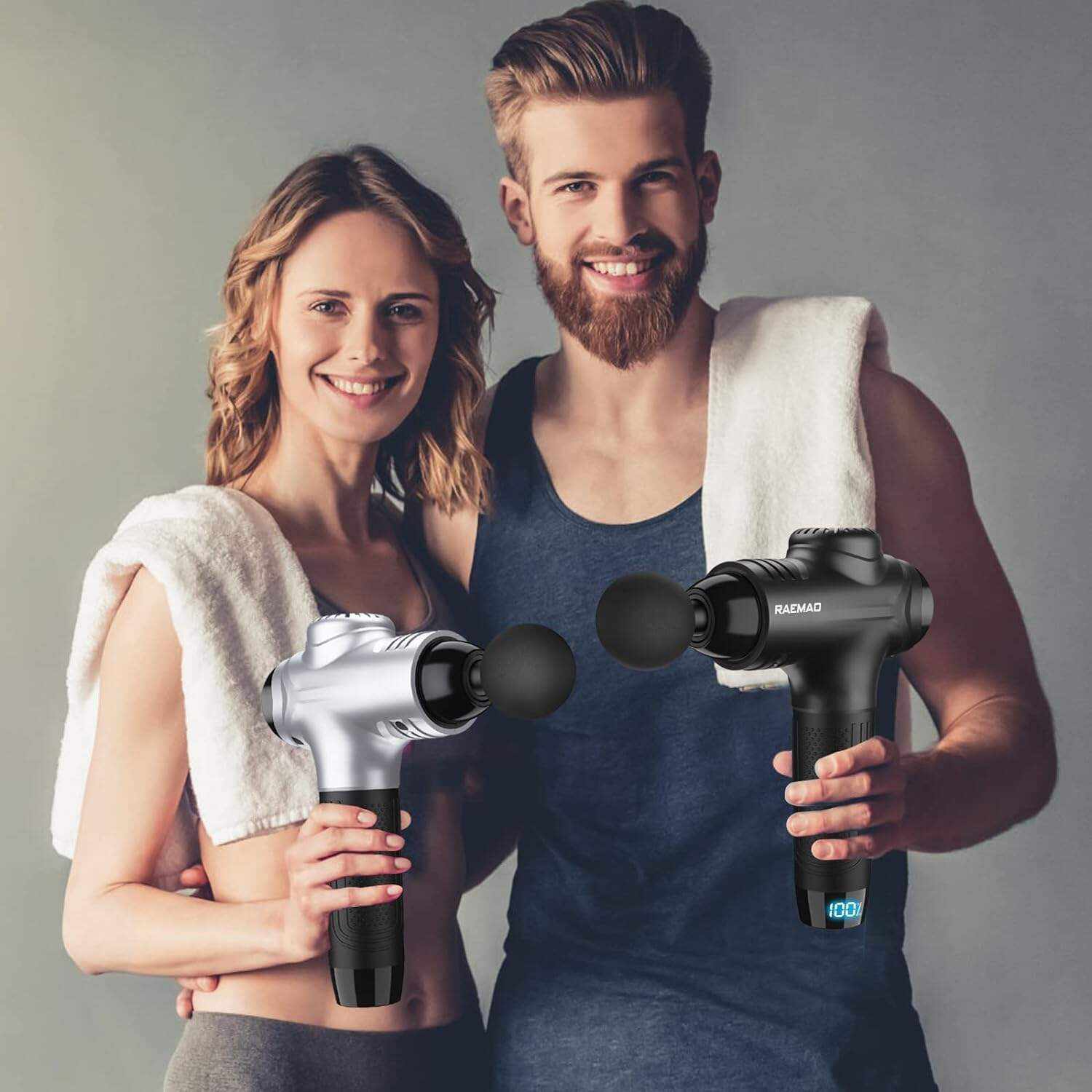 RAEMAO Massage Gun Deep Tissue, Back Massage Gun for Athletes for Pain Relief Attaching 8 PCS Specialized Replacement Heads, Percussion Massager with 10 Speeds & LED Screen, Carbon
