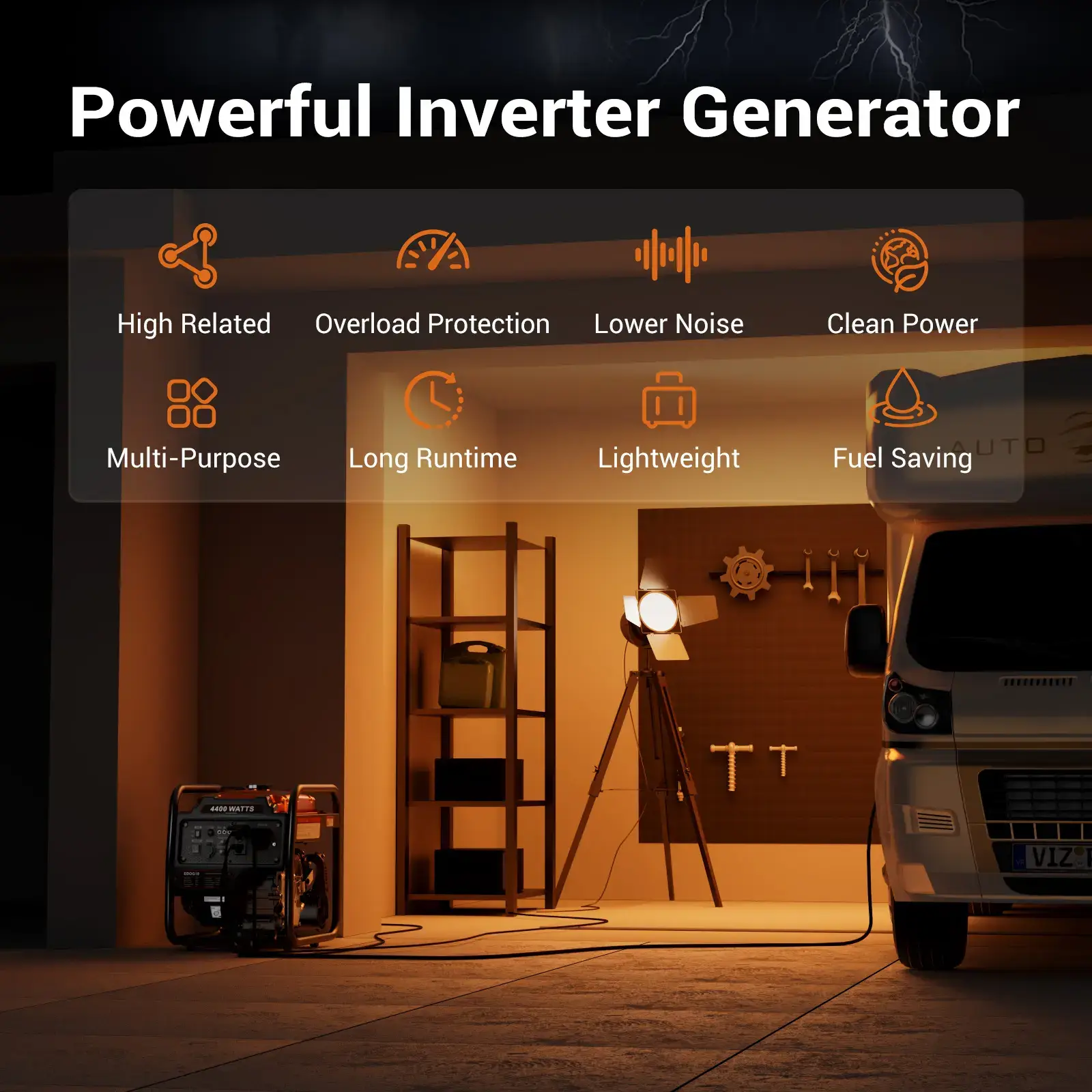 generadores de gasolina 4400 Watts Inverter Generator Gas Powered, Portable Open Frame Generator, Low Noise with ECO Mode and Inverter Technology, RV Ready, Emergency Home Backup