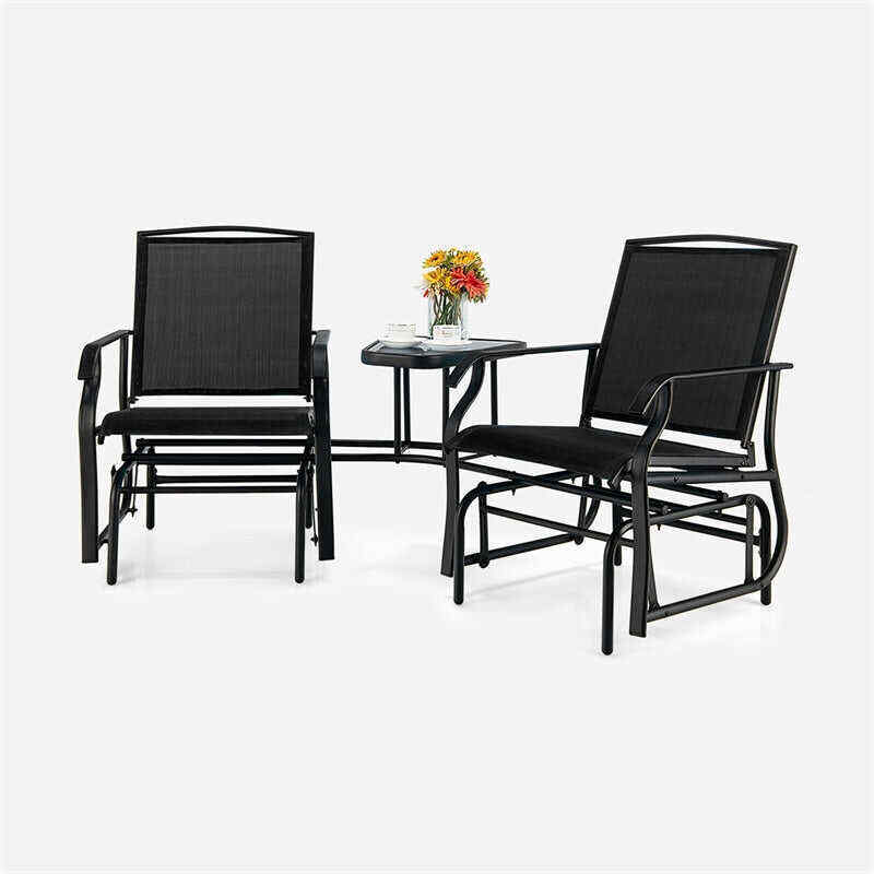 2-Seat Patio Rocking Chair Outdoor Double Glider Chair with Glass Table & Umbrella Hole