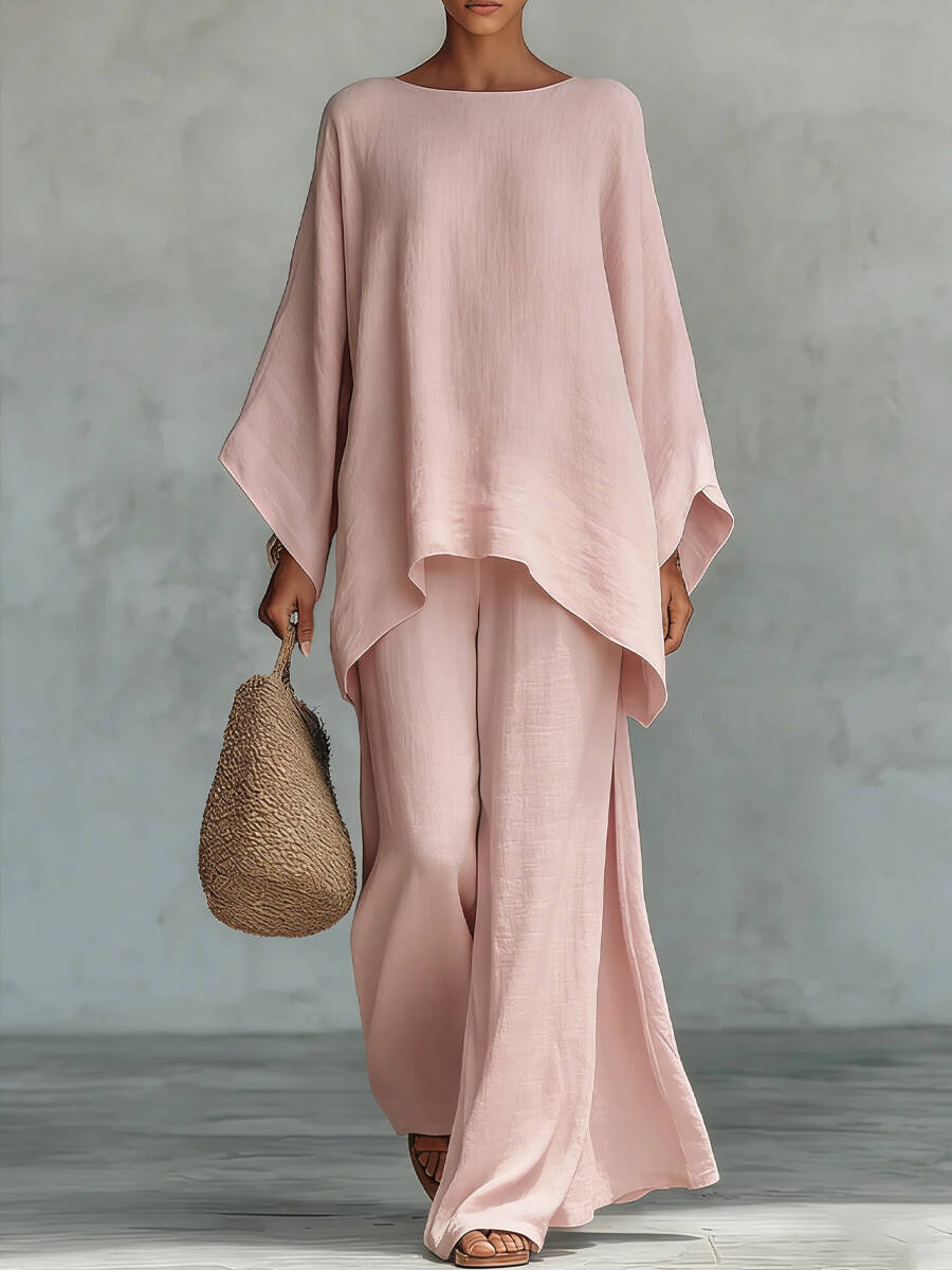 🔥Summer Arrivals🌟Women's Round Neck Long Sleeve Wide-leg Casual Irregular Hem Two-piece Pants Set