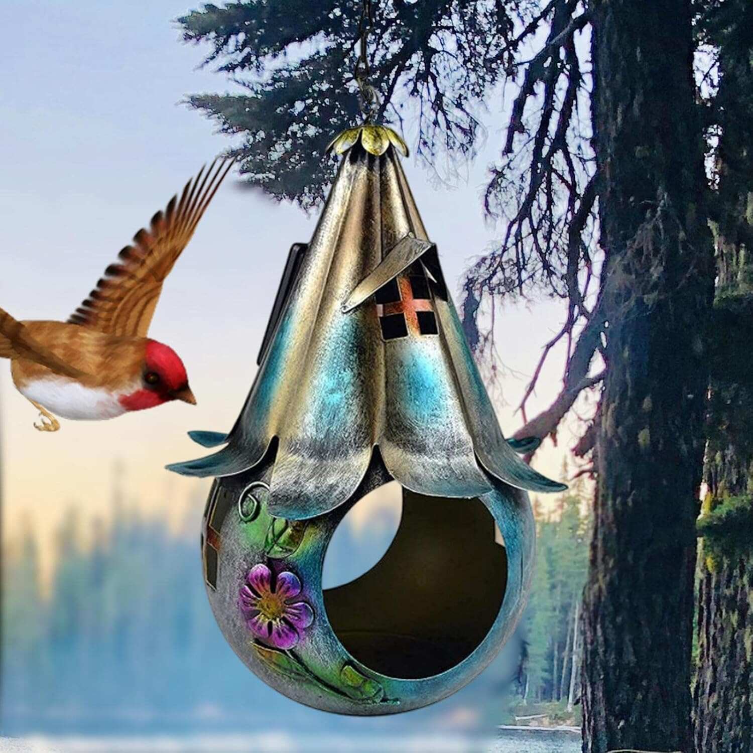 Solar Powered Hanging Pendant Iron Art Bird Feeder Decorative Weatherproof for Yard Outside Outdoor