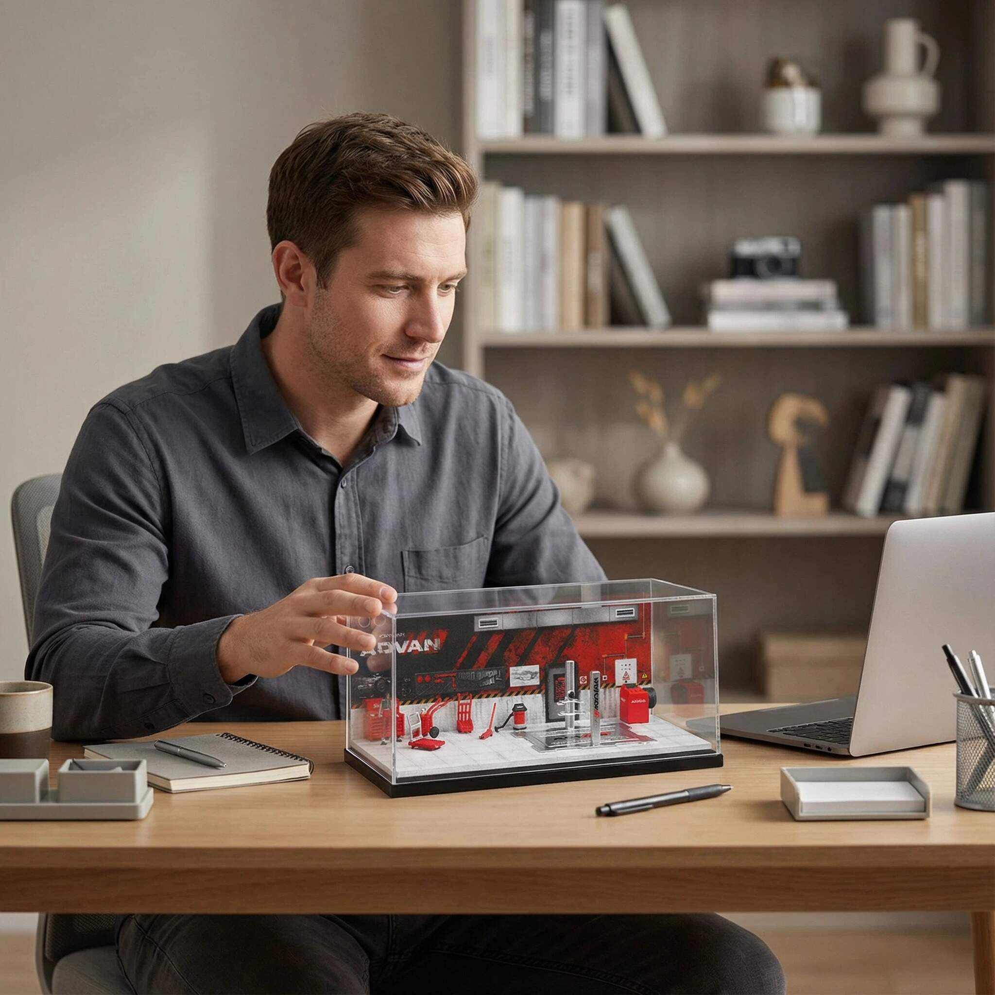 1:64 Scale ADVAN Racing Workshop Diorama Display Case – Acrylic Dustproof Showcase for Diecast Cars