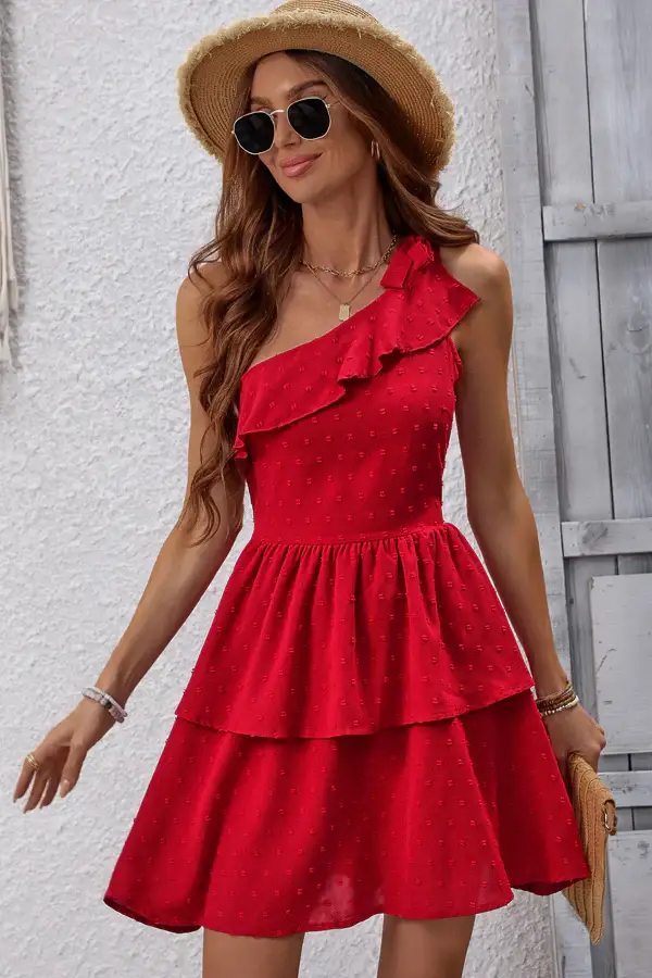 One Shoulder Ruffle Solid Color Casual Dress