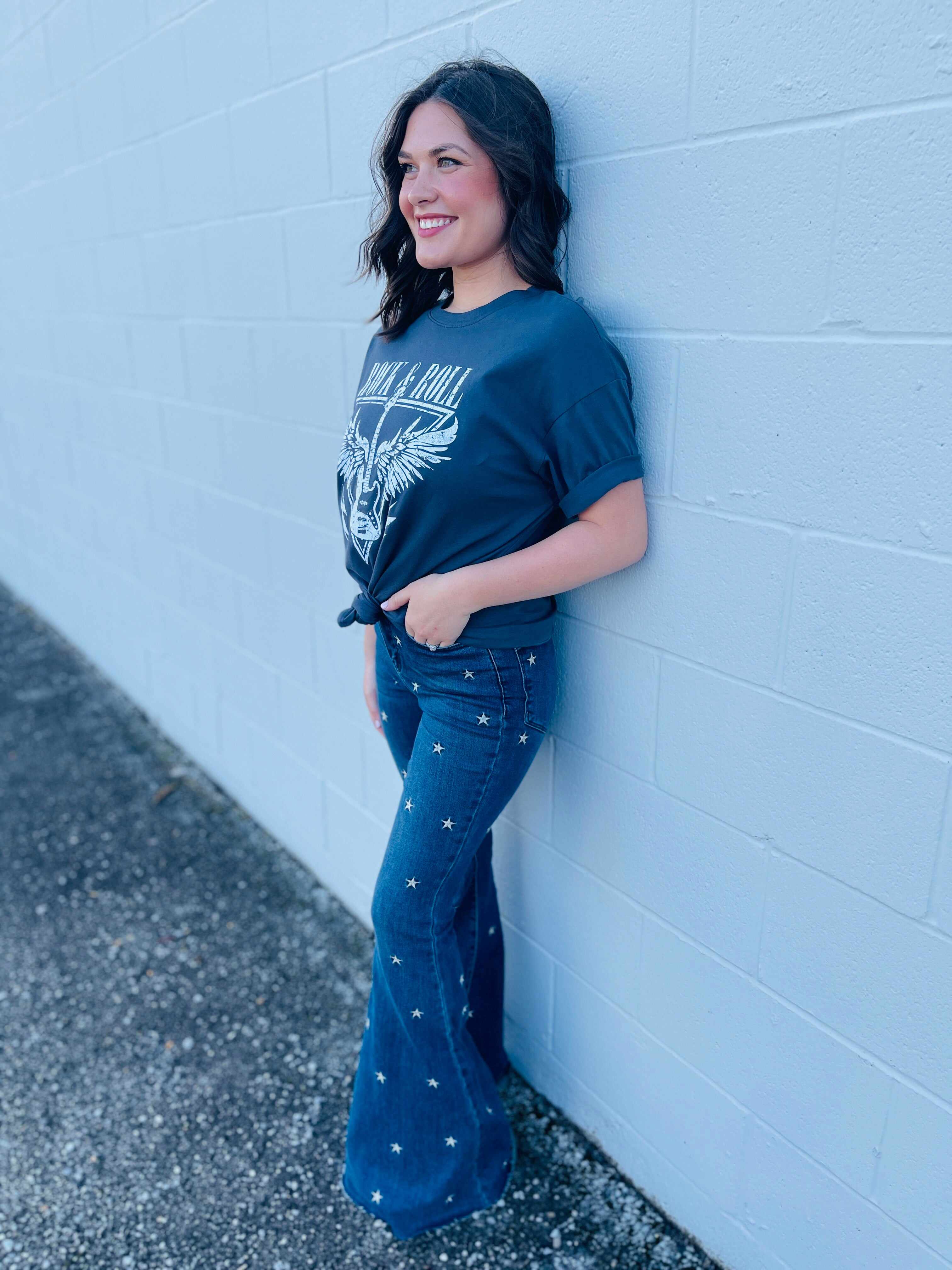 PLUS/REG Wishing On A Star Embroidered Flared Jeans