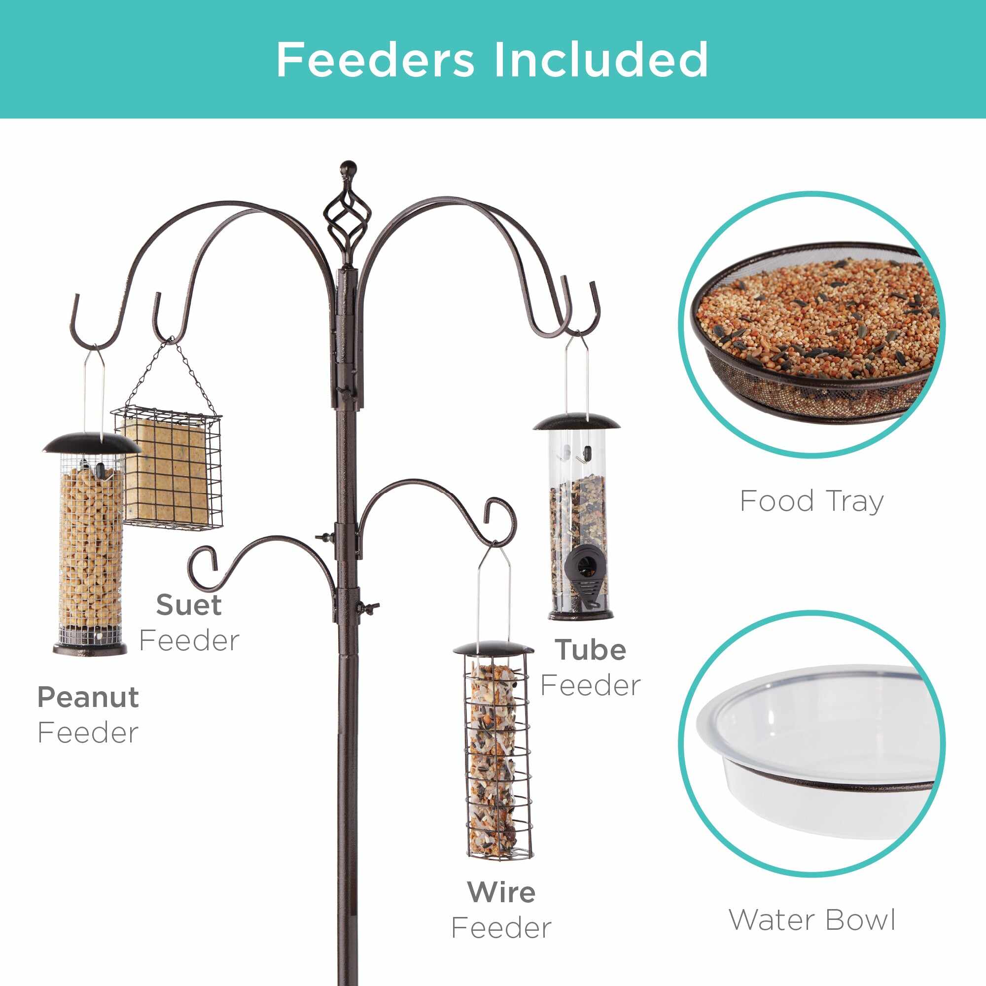 Bird Feeding Station, 6-Hook Steel Multi-Feeder Stand w/ 4 Feeders - 89in